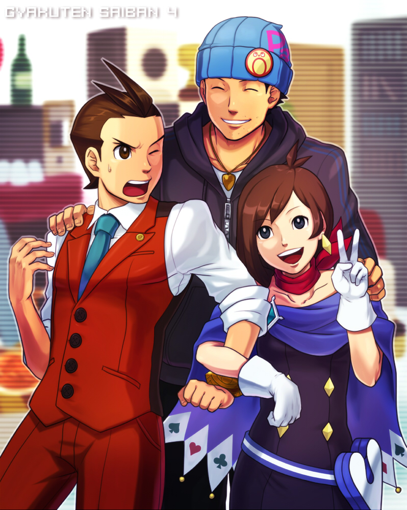 cha kuro (limo), edaki shin'ya, yamikuro, apollo justice, phoenix wright, trucy wright, ace attorney, apollo justice: ace attorney, capcom, 1girl, 2boys, alternate costume, beanie, blue hat, blue necktie, brown hair, clubs, formal clothes, happy, hat, heart, locked arms, multiple boys, necktie, pants, red pants, smile, spade, suit, v