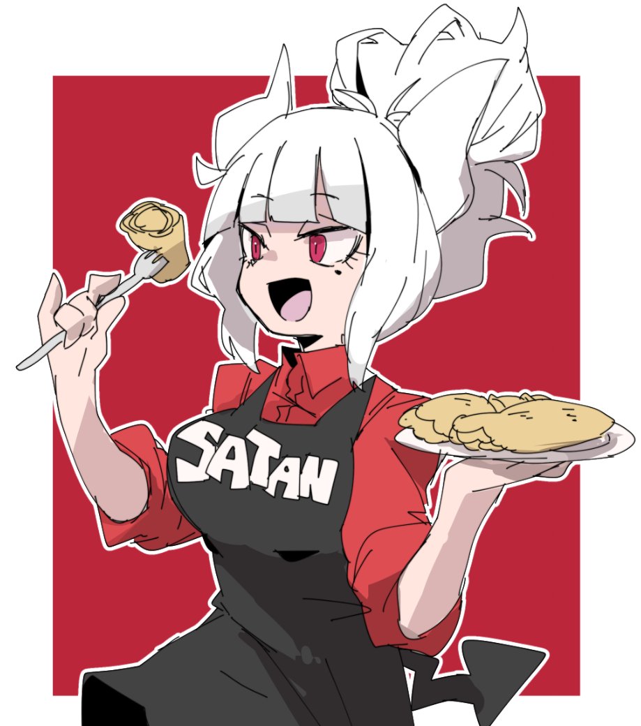 jamir, lucifer (helltaker), helltaker, 1girl, :d, apron, black apron, breasts, clothes writing, collared shirt, crepe, demon girl, demon horns, demon tail, food, fork, hair bun, hair up, holding, holding fork, holding plate, horns, mole, mole under eye, open mouth, outline, plate, red eyes, red shirt, shirt, smile, solo, tail, two-tone background, white hair, white horns, white outline
