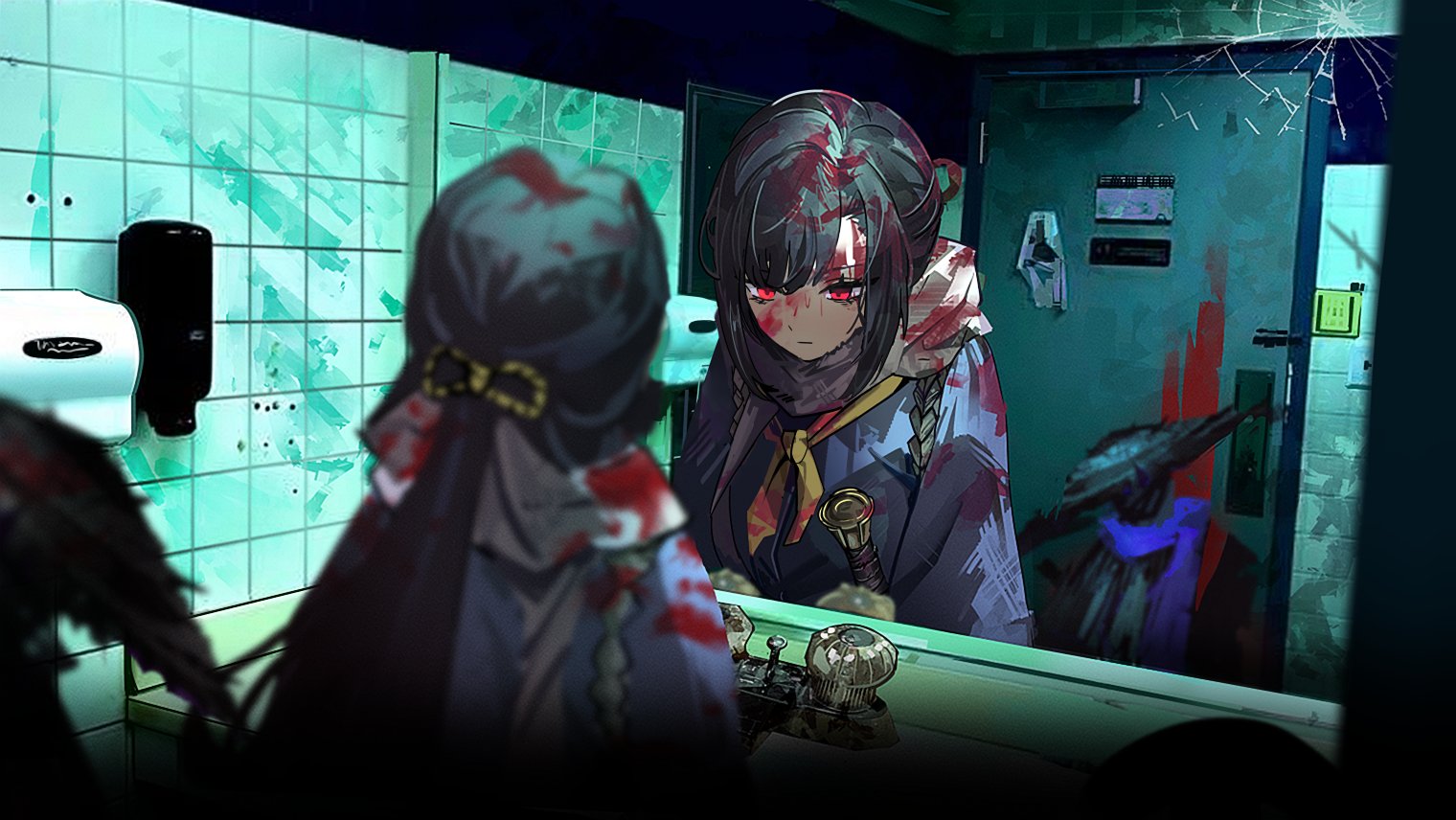 ryoshu (project moon), limbus company, project moon, 1girl, bathroom, black hair, blood, blood on clothes, blood on face, blue shirt, closed mouth, crack, hair ribbon, hoyeonbns, long hair, low ponytail, mirror, neckerchief, ponytail, red eyes, ribbon, scarf, shirt, sword, very long hair, weapon, white scarf, yellow neckerchief, yellow ribbon