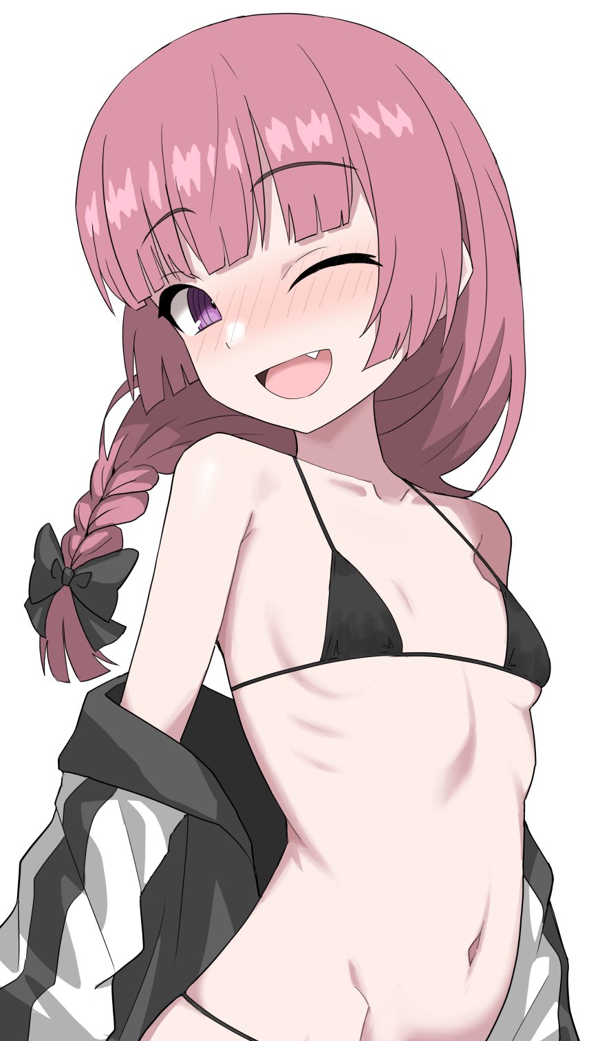 halulu, hiroi kikuri, bocchi the rock!, commentary request, highres, 1girl, bare shoulders, bikini, black bikini, blunt bangs, blush, braid, breasts, clothes down, fang, jacket, long hair, looking at viewer, navel, one eye closed, open clothes, open jacket, open mouth, pink hair, purple eyes, simple background, single braid, small breasts, smile, solo, swimsuit, upper body, white background