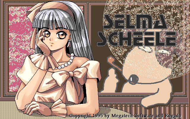 selma scheele, megatech software, power dolls (game), game cg, tagme, 1990s (style), 1995, 1girl, bare shoulders, black hair, brown eyes, character name, company name, dress, earrings, female focus, gloves, grey hair, hairband, jewelry, looking at viewer, necklace, pearl necklace, pixel art, retro artstyle, solo, upper body