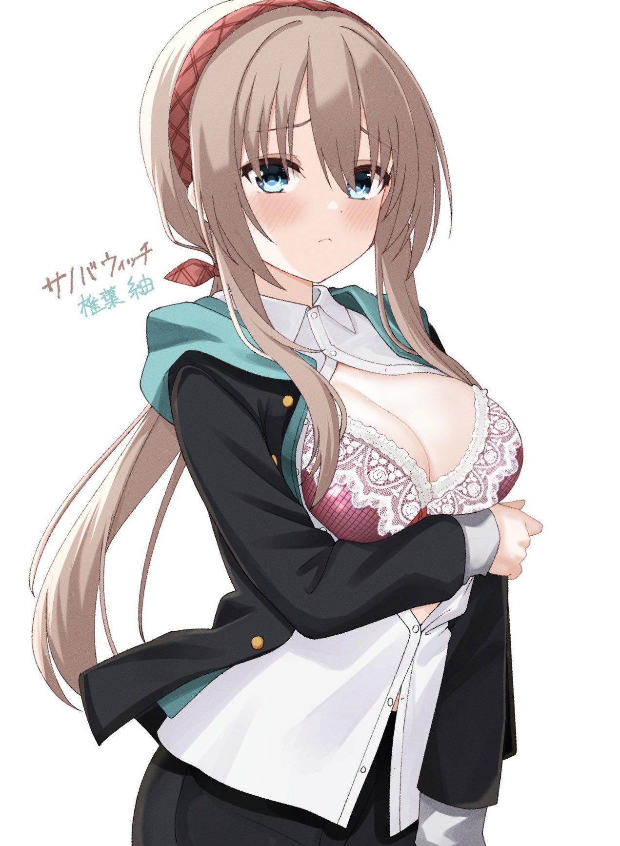 tft (tft7822), shiiba tsumugi, sanoba witch, commentary request, highres, 1girl, arm under breasts, black jacket, black pants, blue eyes, blush, bra, breasts, breasts out, brown hair, character name, cleavage, closed mouth, copyright name, cowboy shot, floral print, floral print bra, frilled bra, frills, frown, furrowed brow, hair between eyes, hairband, hood, hood down, hooded jacket, jacket, large breasts, lingerie, long hair, long sleeves, looking at viewer, low ponytail, open clothes, open jacket, pants, plaid hairband, ponytail, print bra, red bra, red hairband, rose print, school uniform, solo, straight hair, underwear, very long hair