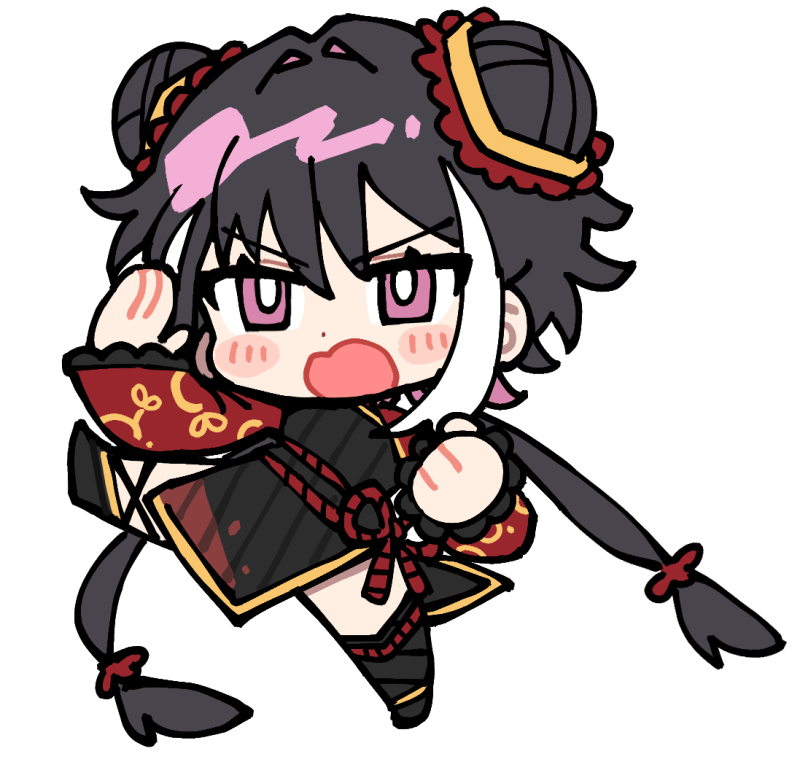 pinch (nesume), jia xichun (project moon), limbus company, project moon, 1girl, black hair, clenched hand, double bun, hair bun, long hair, low twintails, pink eyes, red ribbon, red rope, ribbon, rope, simple background, solo, twintails, v-shaped eyebrows, very long hair, white background, white streaks