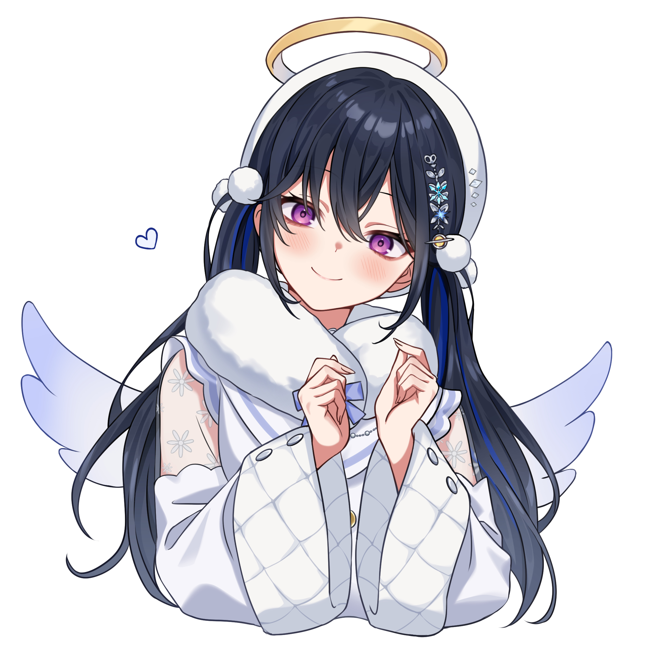 ichinose uruha, lupinus virtual games, vspo!, highres, 1girl, angel wings, beret, black hair, cropped torso, double-parted bangs, dress, fur collar, hair between eyes, hair ornament, halo, hat, head tilt, heart, ichinose uruha (7th costume), looking at viewer, low twintails, multicolored hair, pom pom (clothes), pom pom hair ornament, purple eyes, sasamisable, see-through clothes, see-through sleeves, simple background, smile, solo, streaked hair, twintails, upper body, virtual youtuber, white background, white dress, white hat, wide sleeves, wings