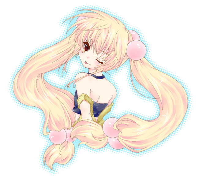 amamori tsuyuri, amamorixx, kokonoe rin, kodomo no jikan, bad id, bad pixiv id, 00s, 1girl, ;p, arms behind back, back, bare shoulders, blonde hair, brown eyes, child, female focus, from behind, hair bobbles, hair ornament, halterneck, long hair, looking back, one eye closed, solo, sphere hair ornament, tongue, tongue out, twintails, very long hair, wink