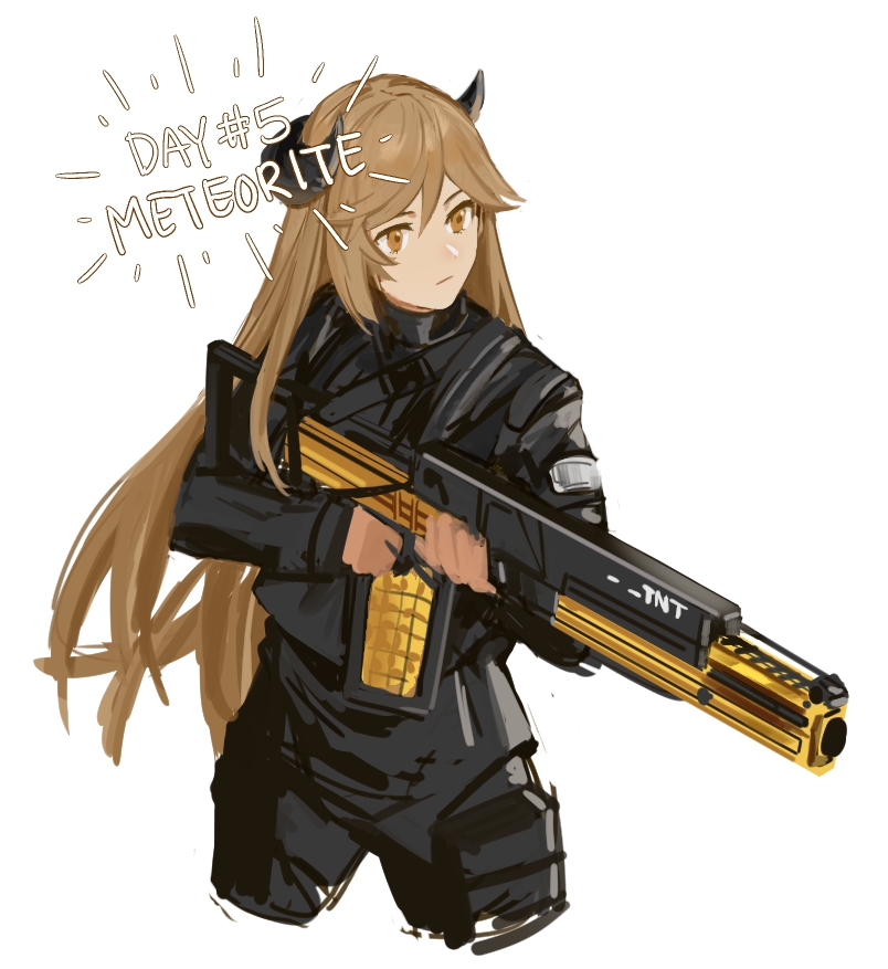 skyregalias, meteorite (arknights), meteorite (graphite) (arknights), arknights, commentary, english commentary, 1girl, brown hair, character name, closed mouth, cropped legs, curled horns, expressionless, grenade launcher, gun, holding, holding gun, holding weapon, horns, long hair, long sleeves, official alternate costume, simple background, solo, tactical clothes, very long hair, weapon, white background
