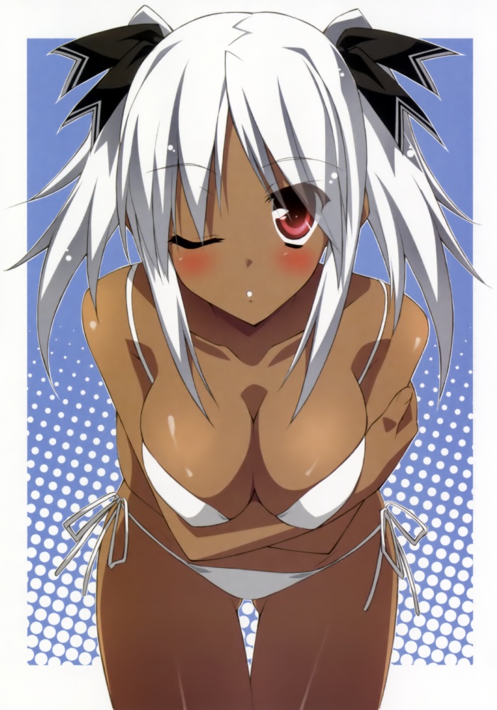 bikini, blush, breasts, cleavage, dark skin, swimsuit, wink