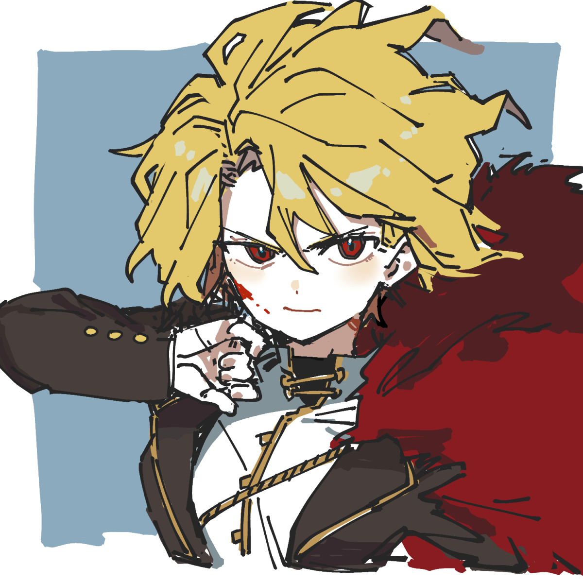 pinch (nesume), don quixote (project moon), sancho (project moon), limbus company, project moon, highres, 1girl, arm up, blonde hair, blood, blood on face, brown jacket, cape, closed mouth, gold trim, hand up, jacket, parted bangs, red cape, red eyes, short hair, solo, upper body