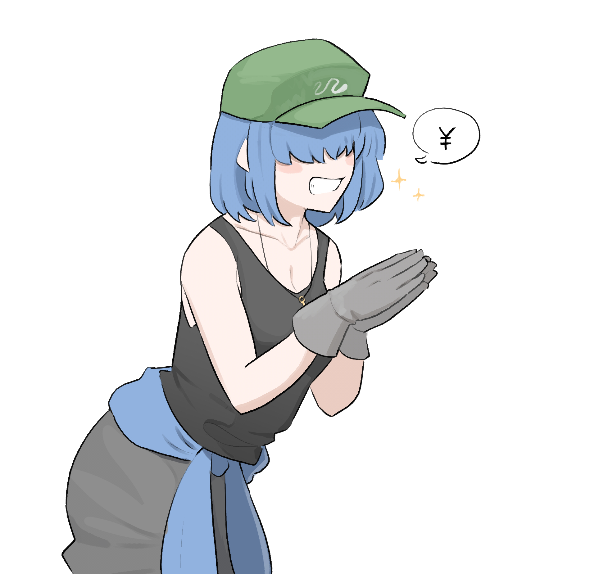 mata (matasoup), kappa mob (touhou), touhou, commentary, english commentary, highres, 1girl, baseball cap, black tank top, blue hair, breasts, cleavage, clothes around waist, cowboy shot, gloves, green hat, grey gloves, grey pants, grin, hair over eyes, hat, jacket, jacket around waist, jewelry, key, key necklace, leaning forward, medium breasts, necklace, own hands together, pants, short hair, simple background, smile, solo, sparkle, tank top, white background, yen sign