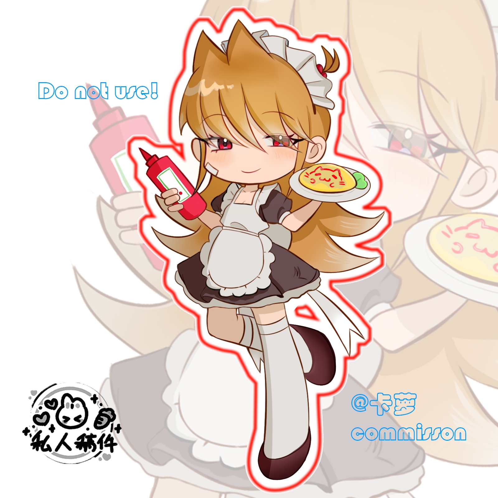 eddsworld, chinese commentary, commentary request, commission, highres, 1girl, alternate costume, animification, apron, black dress, black shoes, brown hair, deformed, dress, enmaided, food, full body, hair bobbles, hair ears, hair ornament, holding, holding food, holding plate, long hair, looking at viewer, maid, maid apron, maid headdress, mu997239, omelet, outline, plate, red eyes, shoes, smile, solo, standing, standing on one leg, thighhighs, tori (eddsworld), white thighhighs, zoom layer