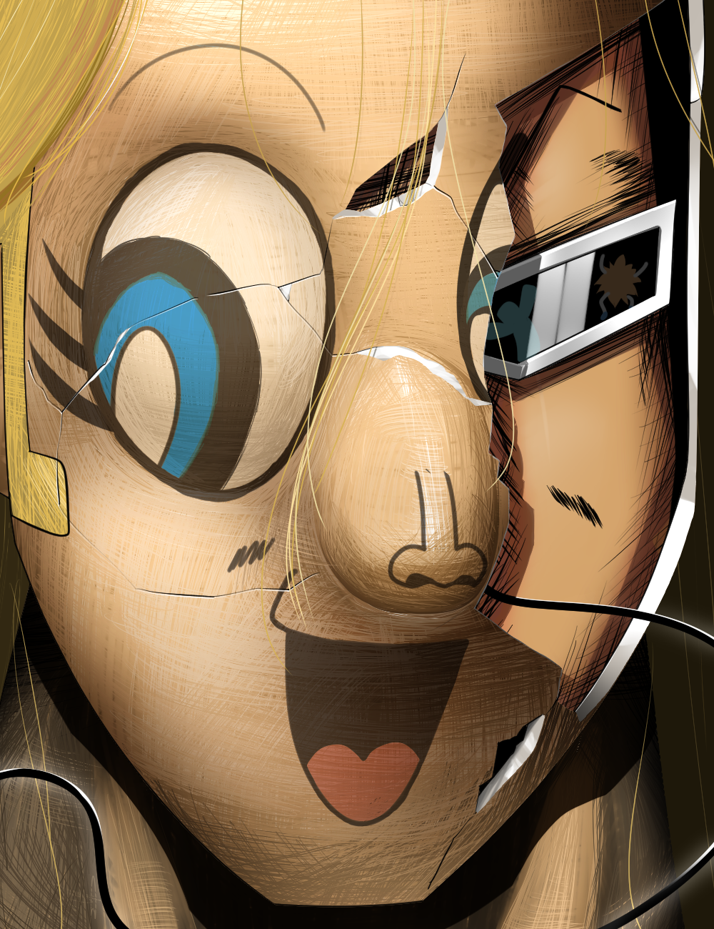 lets0020, bobobo-bo bo-bobo (character), bobobo-bo bo-bobo, commentary request, highres, 1boy, blonde hair, blue eyes, close-up, cracked kawaii mask, cracked mask, male focus, mask, masked, open mouth, solo, sunglasses, white-framed eyewear