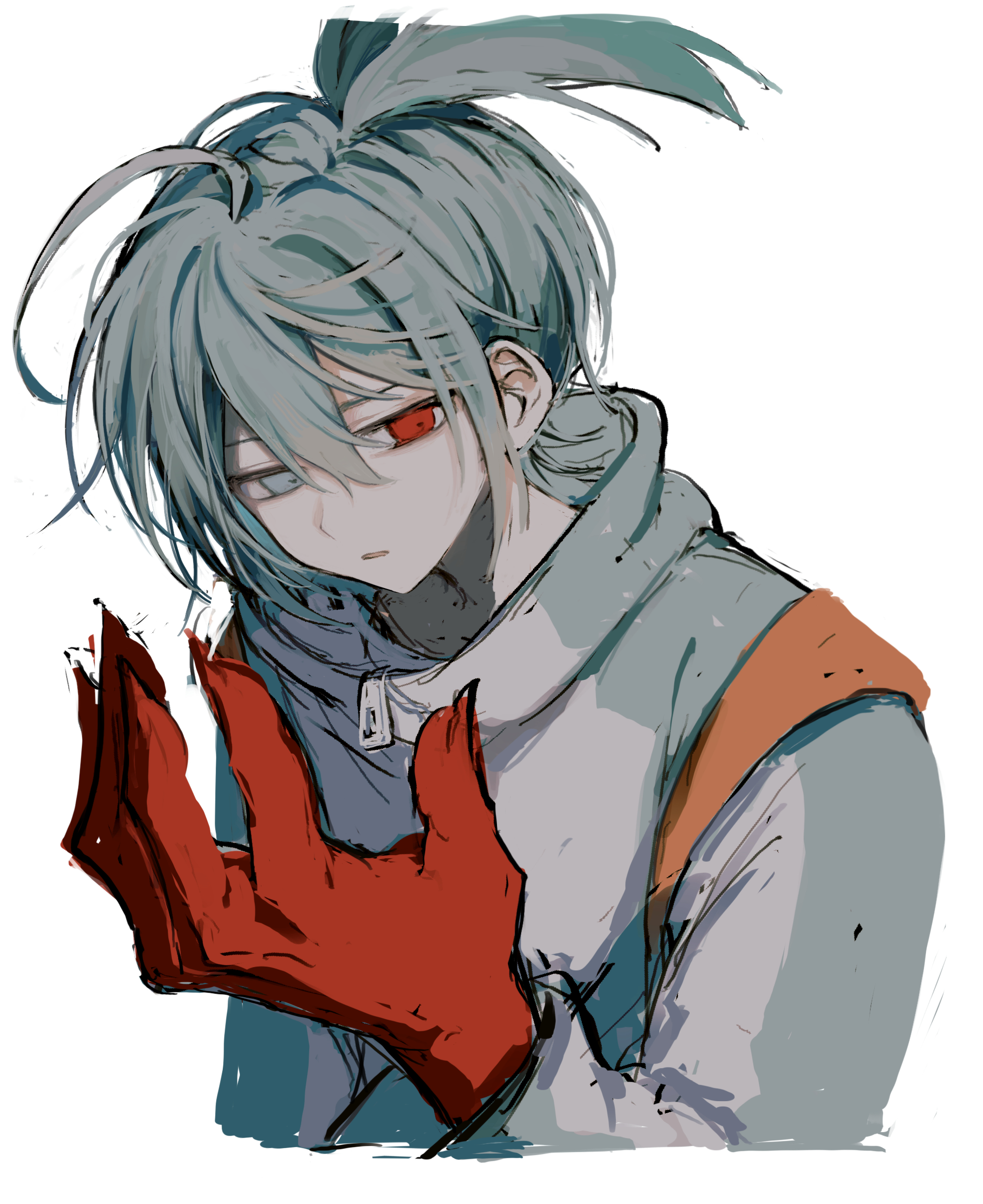 griffon0416, sig (puyopuyo), puyopuyo, absurdres, commentary request, highres, 1boy, blue eyes, blue hair, blue jacket, double-parted bangs, hair between eyes, jacket, male focus, multicolored jacket, parted lips, red eyes, short hair, sidelocks, simple background, solo, upper body, white background, white jacket, zipper, zipper pull tab