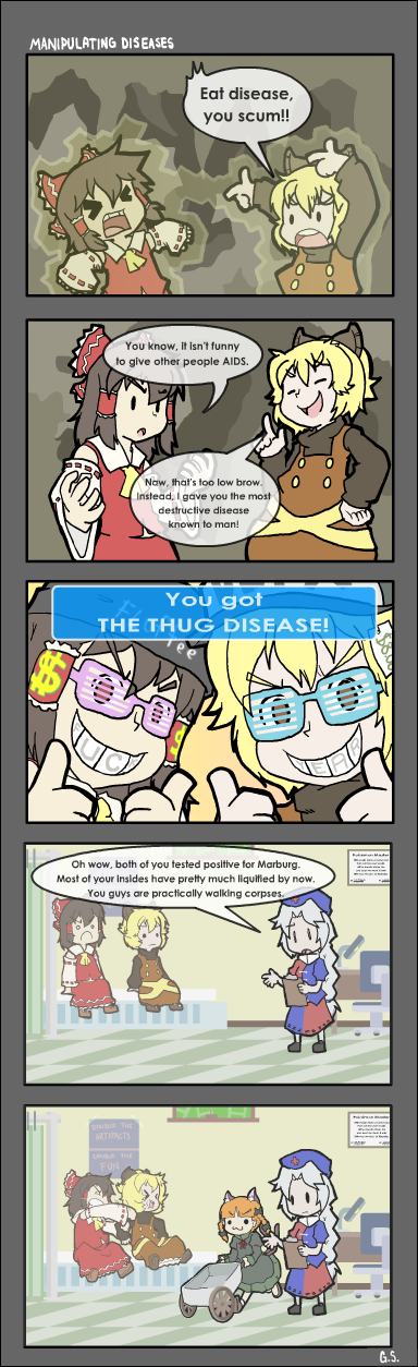 littleshrimp, hakurei reimu, kaenbyou rin, kurodani yamame, yagokoro eirin, touhou, english, hard-translated, highres, long image, tall image, translated, > <, 0 0, :3, comic, hospital, punching, shutter shades, thumbs up, | |