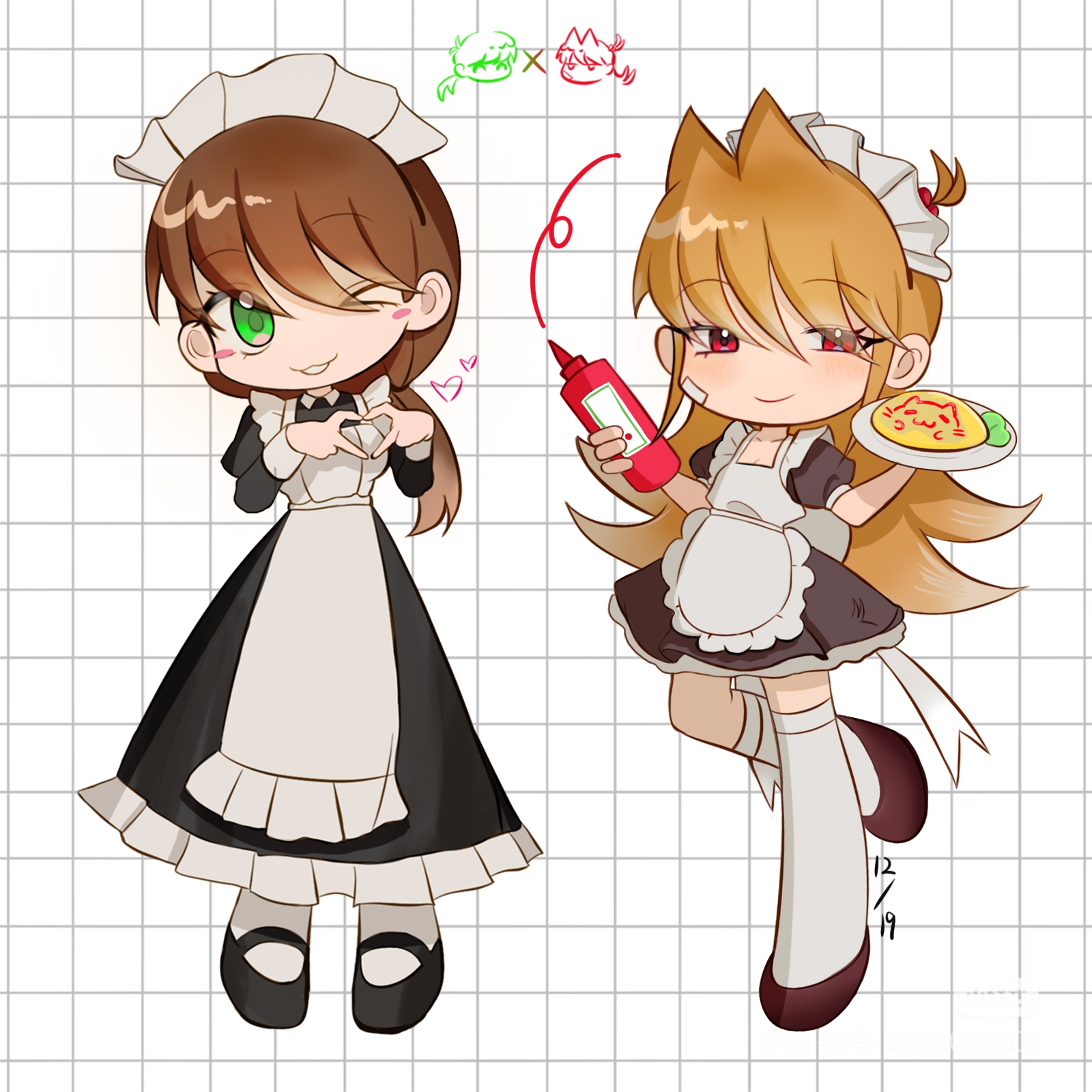 ell (eddsworld), eddsworld, chinese commentary, commentary request, commission, highres, 2girls, alternate costume, animification, apron, black dress, black shoes, blush, brown hair, deformed, dress, enmaided, food, full body, green eyes, hair bobbles, hair ears, hair ornament, heart, heart hands, holding, holding food, holding plate, long dress, long hair, looking at viewer, low ponytail, maid, maid apron, maid headdress, mu997239, multiple girls, omelet, one eye closed, outline, pantyhose, plate, ponytail, red eyes, shoes, smile, standing, standing on one leg, thighhighs, tori (eddsworld), white apron, white pantyhose, white thighhighs