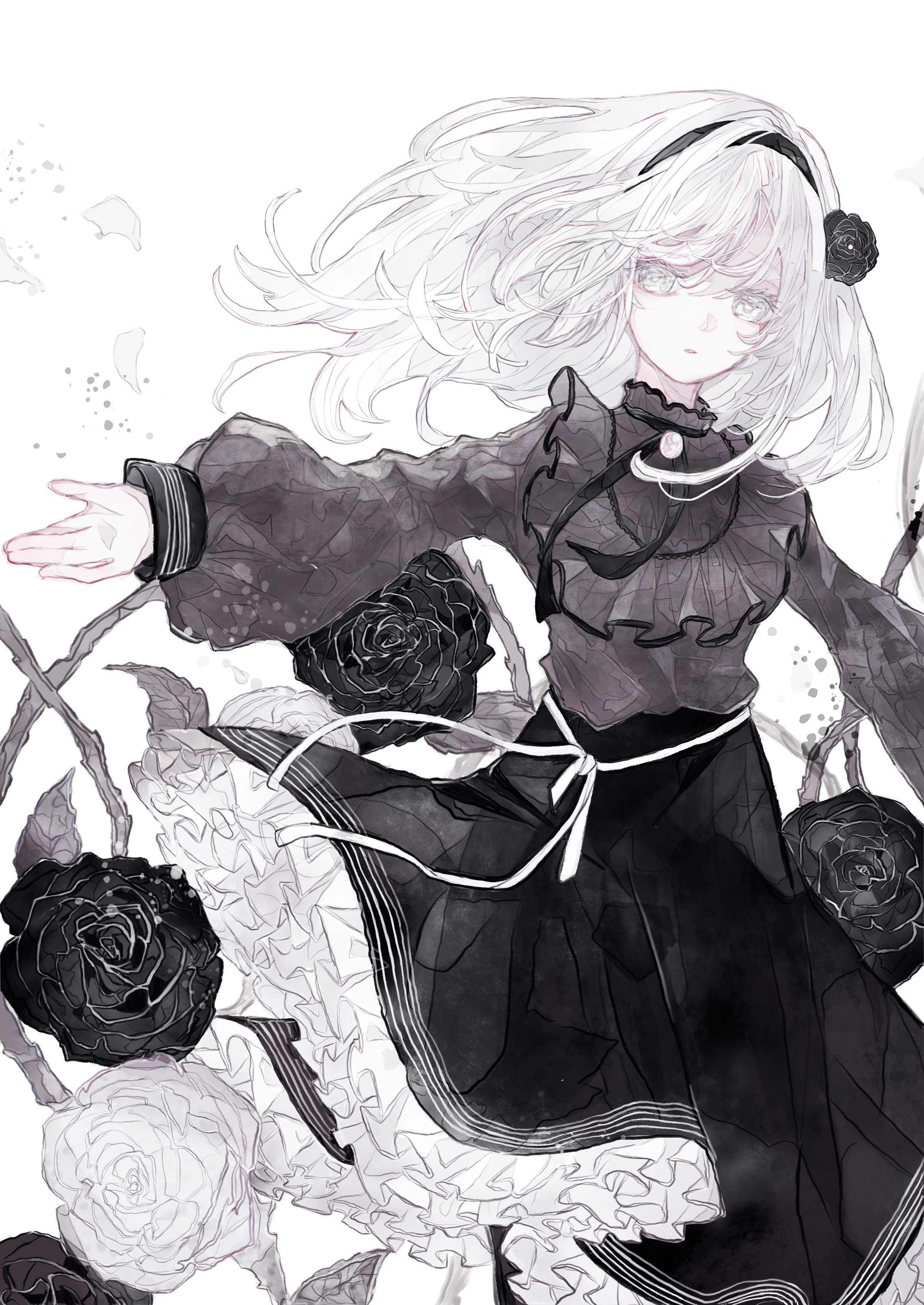 sin0a, original, absurdres, commentary request, highres, 1girl, black flower, black hairband, black ribbon, black skirt, brooch, collared shirt, cowboy shot, floating hair, flower, frilled shirt, frilled shirt collar, frilled skirt, frills, hair flower, hair ornament, hairband, jewelry, long sleeves, looking at viewer, neck ribbon, open hand, outstretched arms, parted lips, petticoat, puffy long sleeves, puffy sleeves, ribbon, shirt, skirt, solo, spread arms, white background, white eyes, white flower, white hair, wind