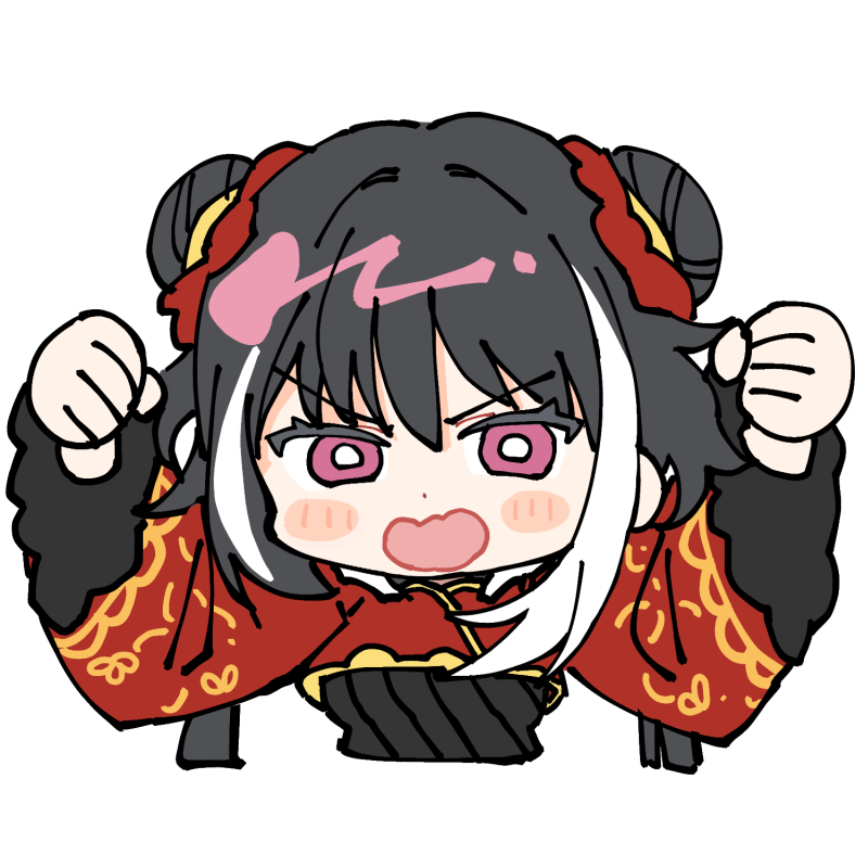 pinch (nesume), jia xichun (project moon), limbus company, project moon, 1girl, black hair, blush, clenched hands, gold trim, hands up, long hair, open mouth, pink eyes, red shrug, shrug (clothing), simple background, solo, twintails, v-shaped eyebrows, very long hair, white background, wide sleeves