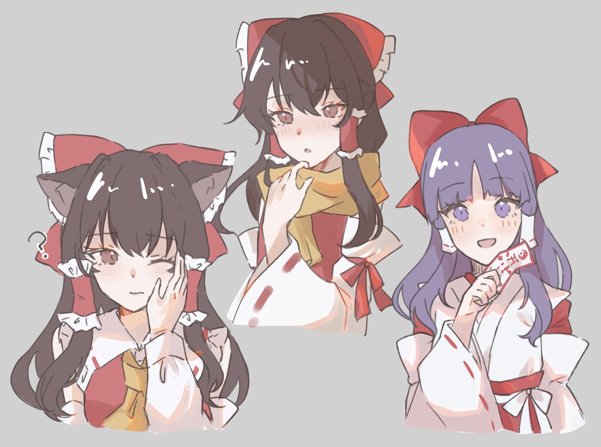 carin (c arin1012), hakurei reimu, hakurei reimu (pc-98), touhou, touhou (pc-98), commentary request, highres, 1girl, 1other, ?, animal ears, ascot, blush, bow, brown eyes, brown hair, cat ears, cat girl, closed mouth, detached sleeves, frilled bow, frilled hair tubes, frills, hair bow, hair tubes, hand on another's cheek, hand on another's face, holding, holding ofuda, japanese clothes, kemonomimi mode, kimono, long hair, looking at viewer, multiple views, ofuda, one eye closed, open mouth, purple eyes, purple hair, red bow, ribbon-trimmed sleeves, ribbon trim, scarf, smile, white kimono, yellow ascot, yellow scarf