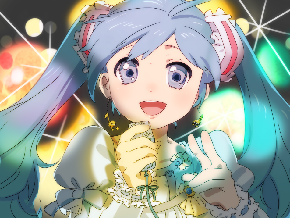 umishima senbon, hatsune miku, vocaloid, bad id, bad pixiv id, 1girl, earrings, female focus, jewelry, microphone, solo