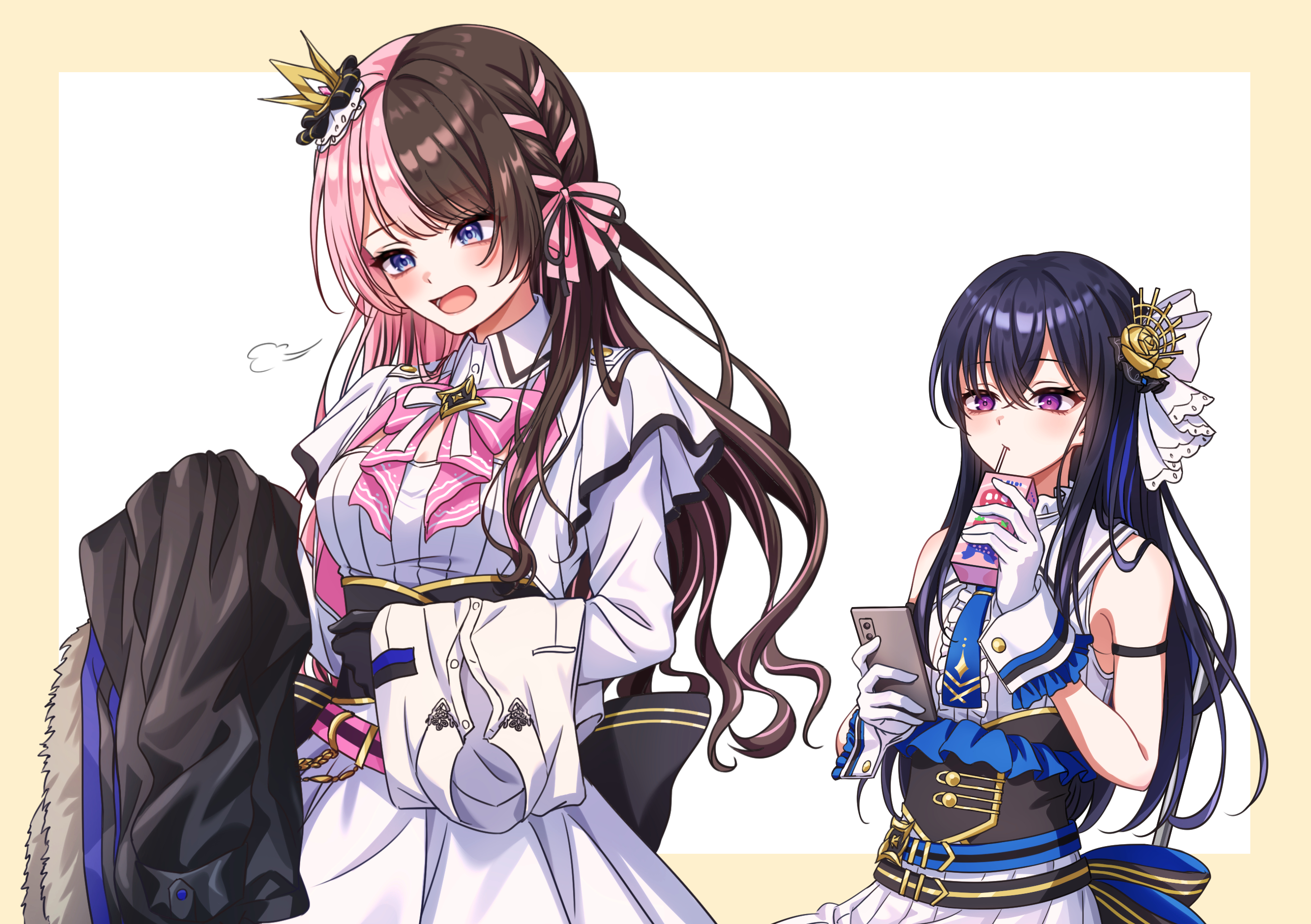 ichinose uruha, tachibana hinano, vspo!, highres, 2girls, arm strap, bare shoulders, black gloves, black hair, blue eyes, blue necktie, blush, border, bow, bowtie, braid, brown hair, center frills, corset, crown, dress, drinking straw, frilled dress, frills, gloves, hair between eyes, hair bow, hair ornament, hair ribbon, holding, holding phone, holding unworn clothes, idol clothes, long hair, mini crown, multicolored hair, multiple girls, necktie, official alternate costume, open mouth, outside border, parted bangs, phone, pink bow, pink bowtie, pink hair, purple eyes, ribbon, sasamisable, sigh, simple background, sleeveless, sleeveless dress, split-color hair, square-end necktie, streaked hair, two-tone hair, virtual youtuber, white background, white dress, white gloves, wrist cuffs, yellow border