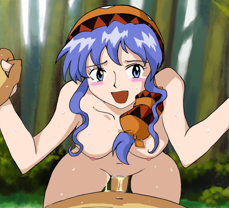 luna noah, game arts, lunar, lunar: the silver star, 1boy, 1girl, blue eyes, blue hair, blush, censored, cum, cum in pussy, forest, girl on top, holding hands, nature, nipples, nude, open mouth, outdoors, pov, sex, side ponytail, sweat