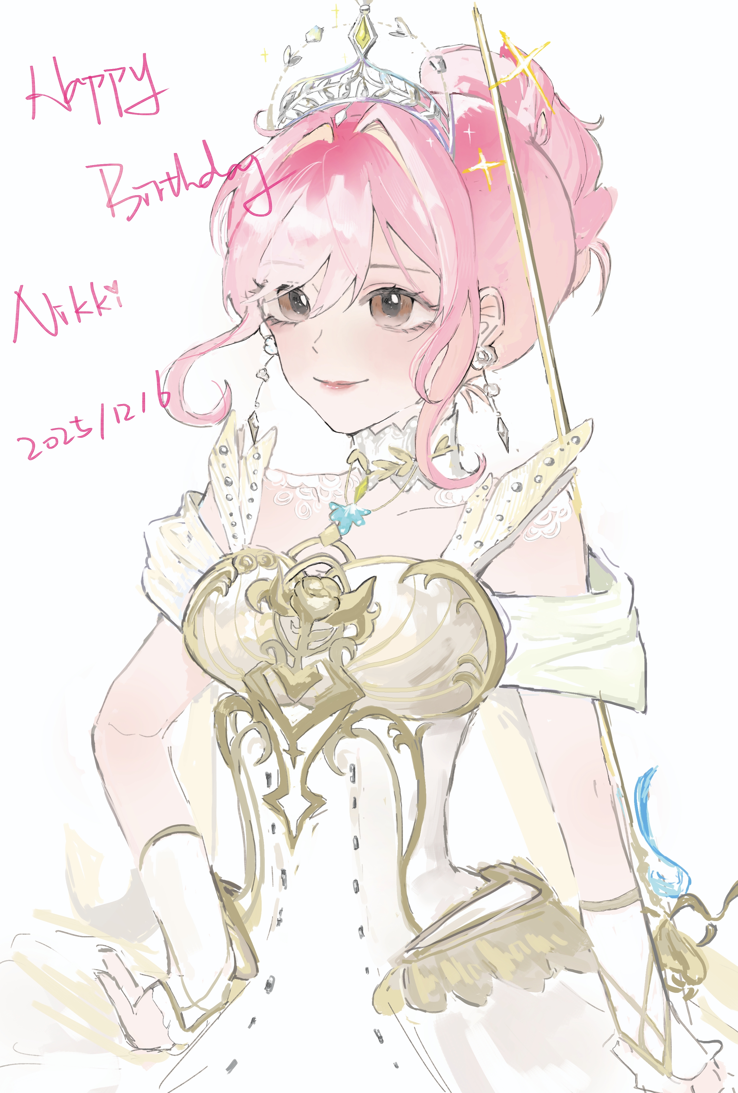 nikki (nikki), infinity nikki, nikki (series), absurdres, chinese commentary, commentary request, highres, 1girl, armor, bare shoulders, breastplate, brown eyes, butterfly net, character name, closed mouth, clothing cutout, collar, cowboy shot, dated, detached collar, dress, earrings, english text, eyelashes, frilled arm warmers, hair between eyes, hair intakes, hand net, hand on own hip, happy, happy birthday, high collar, holding, holding sword, holding weapon, jewelry, jianchi zao shui de diyi tian, lace collar, light blush, lipstick, looking ahead, makeup, melody bloom (infinity nikki), pink hair, pink lips, rapier, short hair with long locks, short sleeves, shoulder cutout, sidelocks, simple background, smile, solo, sparkle, standing, sword, tiara, weapon, white arm warmers, white background, white collar, white dress