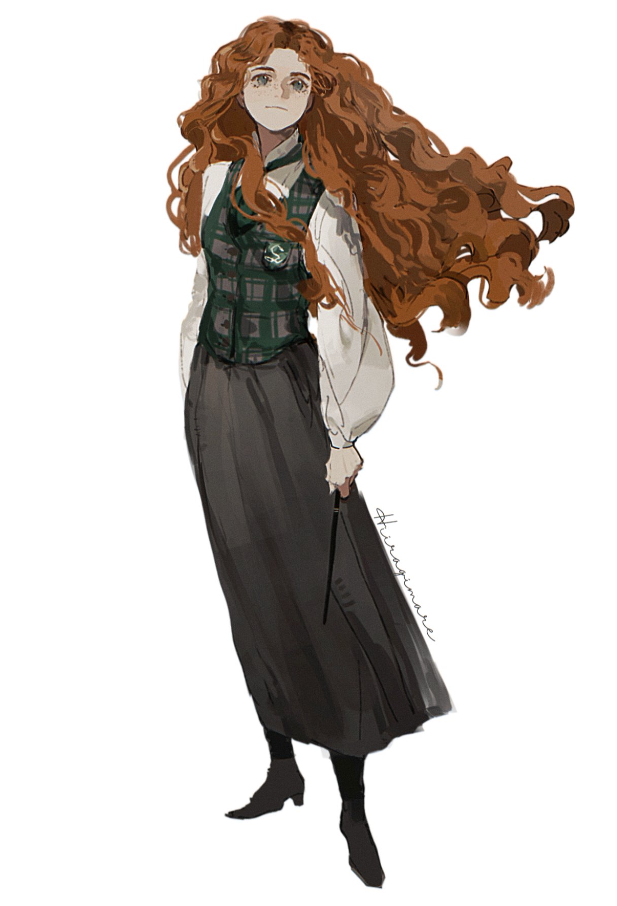 hiiragimare, hogwarts legacy, original, wizarding world, highres, 1girl, black boots, blue eyes, boots, closed mouth, collared shirt, full body, green necktie, green vest, grey skirt, gynger edventray (hiiragimare), hogwarts school uniform, holding, holding wand, long hair, long skirt, looking up, necktie, red hair, school uniform, shirt, simple background, skirt, slytherin, smile, solo, vest, wand, white background, white shirt