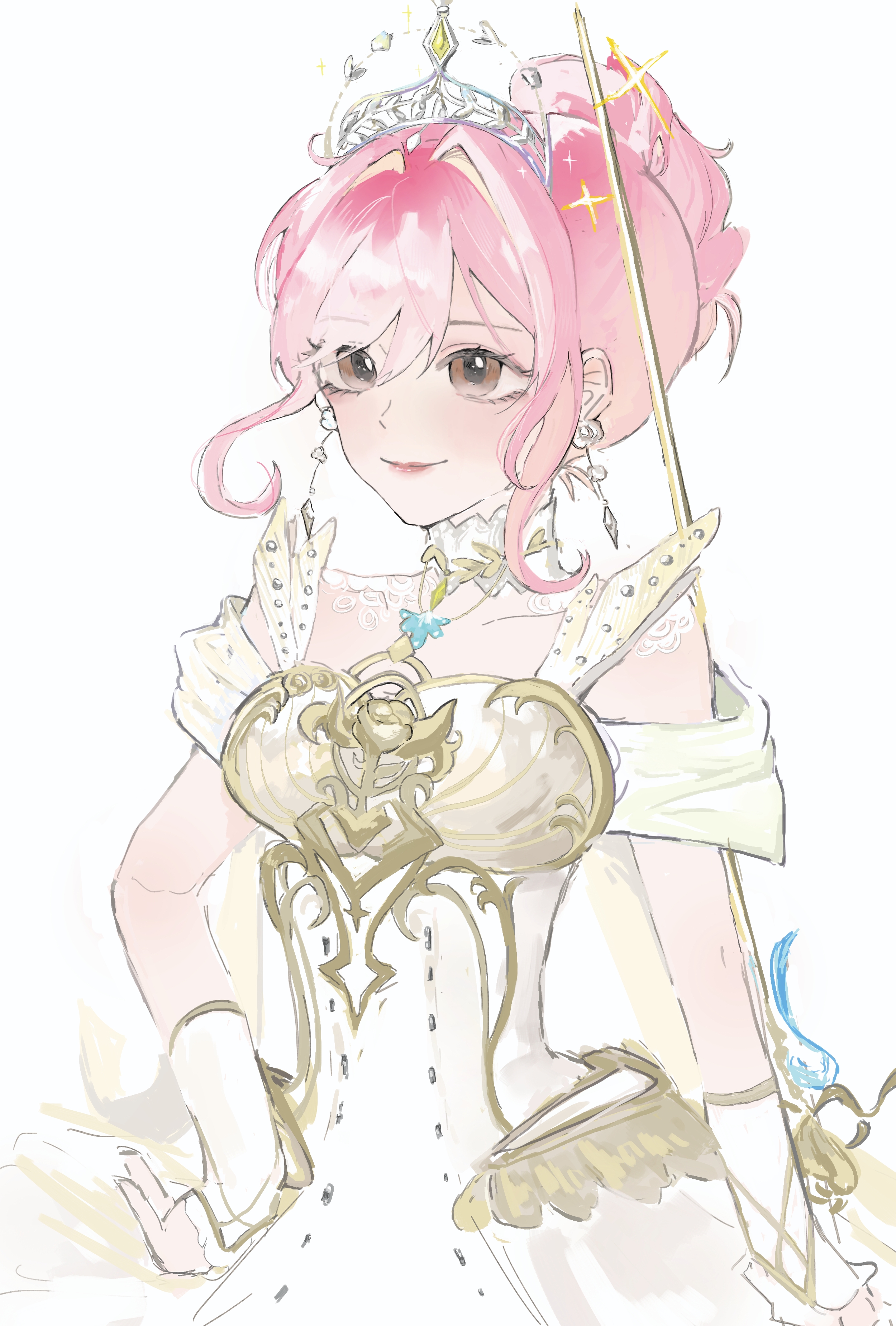 nikki (nikki), infinity nikki, nikki (series), absurdres, chinese commentary, commentary request, highres, textless version, 1girl, armor, bare shoulders, breastplate, brown eyes, butterfly net, closed mouth, clothing cutout, collar, cowboy shot, detached collar, dress, earrings, eyelashes, frilled arm warmers, hair between eyes, hair intakes, hand net, hand on own hip, happy, high collar, holding, holding sword, holding weapon, jewelry, jianchi zao shui de diyi tian, lace collar, light blush, lipstick, looking ahead, makeup, melody bloom (infinity nikki), pink hair, pink lips, rapier, short hair with long locks, short sleeves, shoulder cutout, sidelocks, simple background, smile, solo, sparkle, standing, sword, tiara, weapon, white arm warmers, white background, white collar, white dress