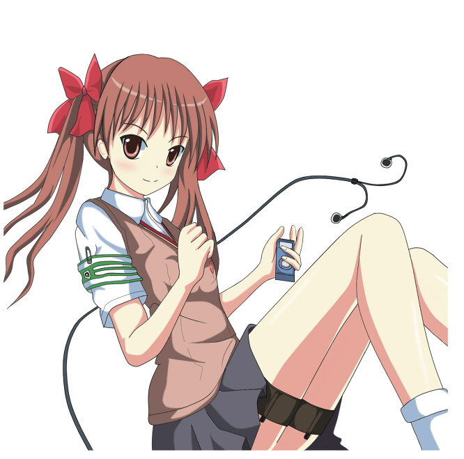 katayuki, shirai kuroko, toaru kagaku no railgun, toaru majutsu no index, bad id, bad pixiv id, 00s, 1girl, brown eyes, brown hair, female focus, hair ribbon, long hair, ribbon, school uniform, simple background, skirt, smile, solo, thigh strap, twintails