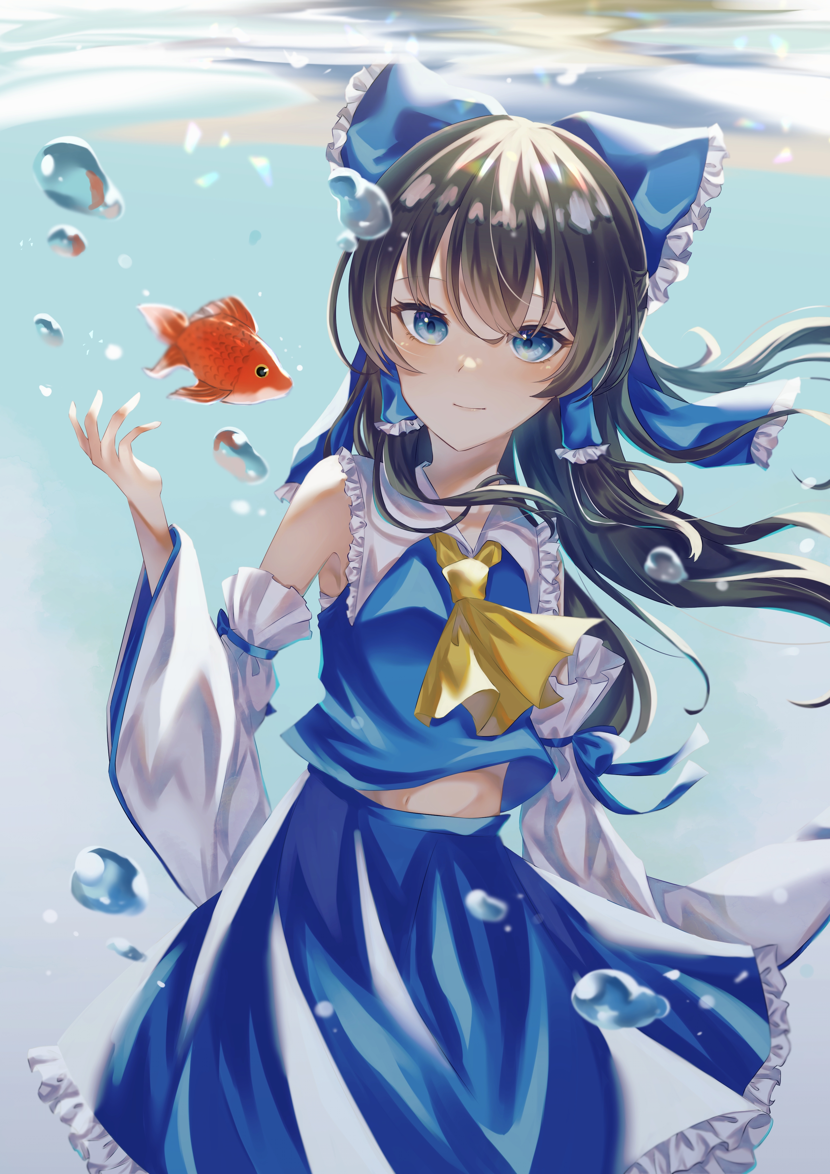 carin (c arin1012), hakurei reimu, touhou, absurdres, commentary request, highres, 1girl, alternate color, ascot, blue bow, blue eyes, blue skirt, bow, brown hair, fish, frilled bow, frilled hair tubes, frilled skirt, frills, goldfish, hair bow, hair tubes, long hair, player 2, skirt, solo, underwater, yellow ascot