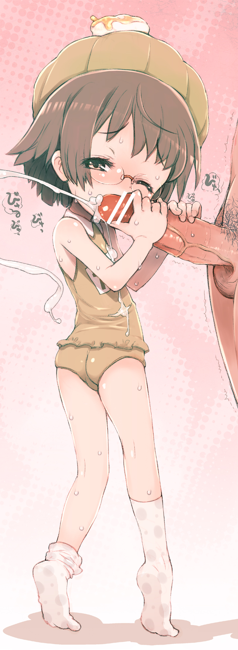 okome (ricecandy), ricecandy, polka dot legwear, bad id, bad pixiv id, copyright request, highres, 1girl, bar censor, bare shoulders, blush, brown eyes, brown hair, censored, cum, cum on body, cum on upper body, ejaculation, eyelashes, fellatio, glass, glasses, handjob, hat, large penis, loli, looking at viewer, male pubic hair, one eye closed, oral, penis, pince-nez, pointless censoring, polka dot, projectile cum, pubic hair, short hair, shorts, size difference, solo focus, standing fellatio, sweat, tareme, trefoil, trembling, two-handed handjob, veins, veiny penis