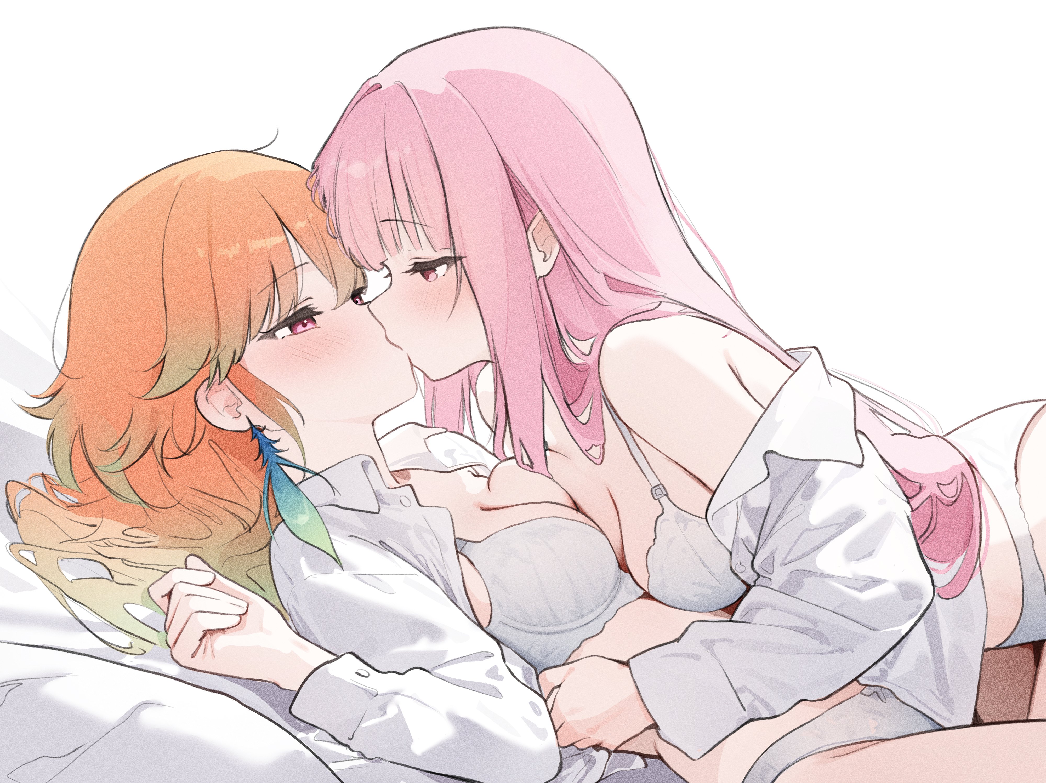 nyashira, mori calliope, takanashi kiara, hololive, hololive english, absurdres, commentary, hashtag-only commentary, highres, 2girls, bed sheet, blunt bangs, bra, breasts, cleavage, earrings, eye contact, feather earrings, feathers, gradient hair, green feathers, green hair, jewelry, kiss, large breasts, long hair, long sleeves, looking at another, lying, multicolored hair, multiple girls, nearly naked shirt, open clothes, open shirt, orange hair, panties, pink eyes, pink hair, shirt, sidelocks, simple background, underwear, virtual youtuber, white background, white bra, white panties, white shirt, yuri