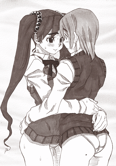 yuutarou (majiyuta), original, 2girls, ass, greyscale, hug, long hair, monochrome, multiple girls, panties, pussy juice, short hair, twintails, underwear, yuri