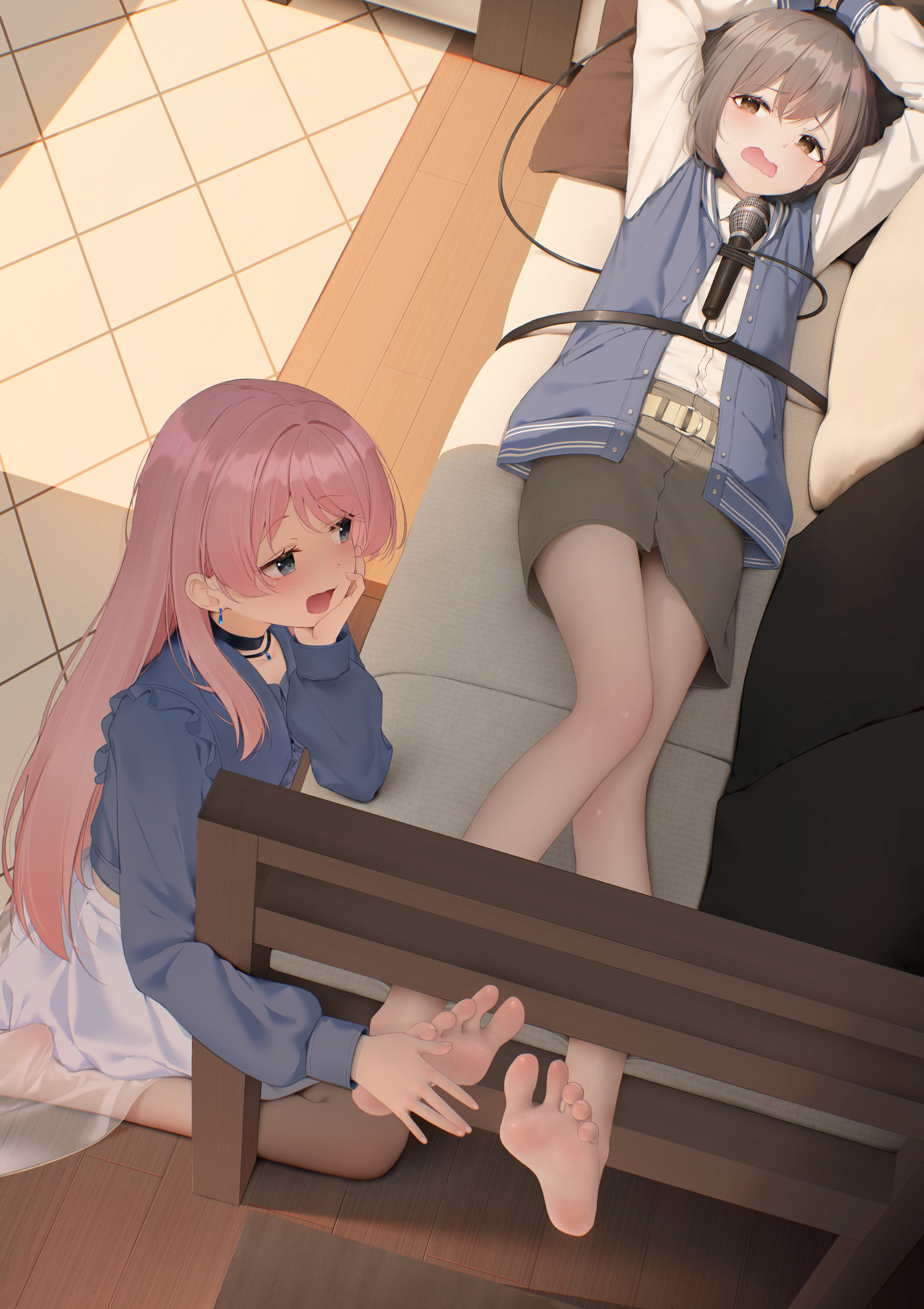 han (hehuihuihui), chihaya anon, takamatsu tomori, bang dream!, bang dream! it's mygo!!!!!, absurdres, highres, 2girls, arms up, bare legs, barefoot, belt, black choker, blue eyes, blue vest, bound, bound wrists, brown eyes, choker, couch, earrings, feet, frills, full body, grey hair, grey skirt, indoors, jewelry, legs, long hair, long sleeves, looking at another, microphone, multiple girls, on couch, open mouth, pink hair, seiza, short hair, sitting, skirt, soles, tickling, tickling feet, toenails, toes, vest, wooden floor, yuri