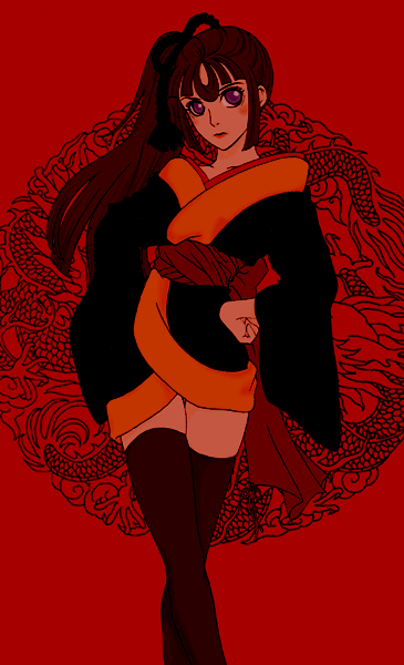 nakajima youko, shushou (juuni kokuki), juuni kokuki, 1girl, black hair, female focus, flat color, hand on own hip, japanese clothes, kimono, long hair, short kimono, solo, thighhighs, zettai ryouiki