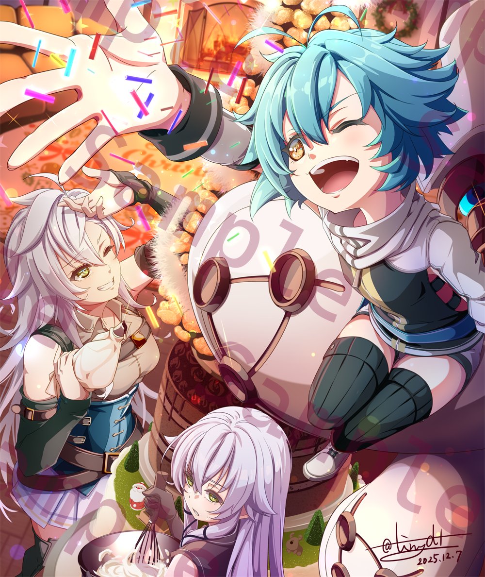 tinybiard, altina orion, fie claussell, millium orion, eiyuu densetsu, sen no kiseki, sen no kiseki (series), sen no kiseki iii, 3girls, antenna hair, blue hair, cake, celebration, food, green eyes, happy, multiple girls, short hair, smile, sprinkles, striped clothes, striped thighhighs, thighhighs, vertical-striped clothes, vertical-striped thighhighs, white hair, yellow eyes