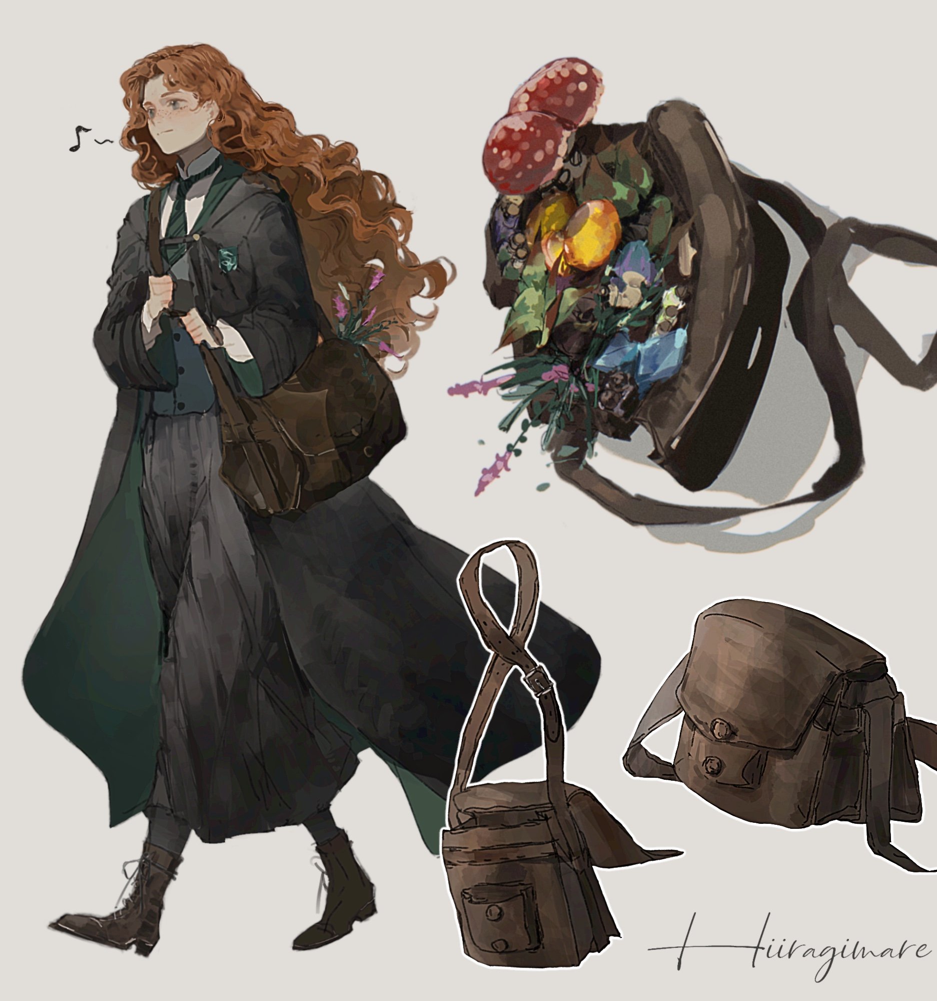hiiragimare, hogwarts legacy, original, wizarding world, highres, 1girl, artist name, bag, black robe, black skirt, black thighhighs, blue eyes, boots, brown bag, brown boots, collared shirt, flower, full body, green necktie, grey vest, gynger edventray (hiiragimare), hogwarts school uniform, hooded robe, long hair, long skirt, multiple views, mushroom, musical note, necktie, pink flower, plant, red hair, robe, school uniform, shirt, shoulder bag, simple background, skirt, slytherin, solo, spoken musical note, thighhighs, vest, white background, white shirt