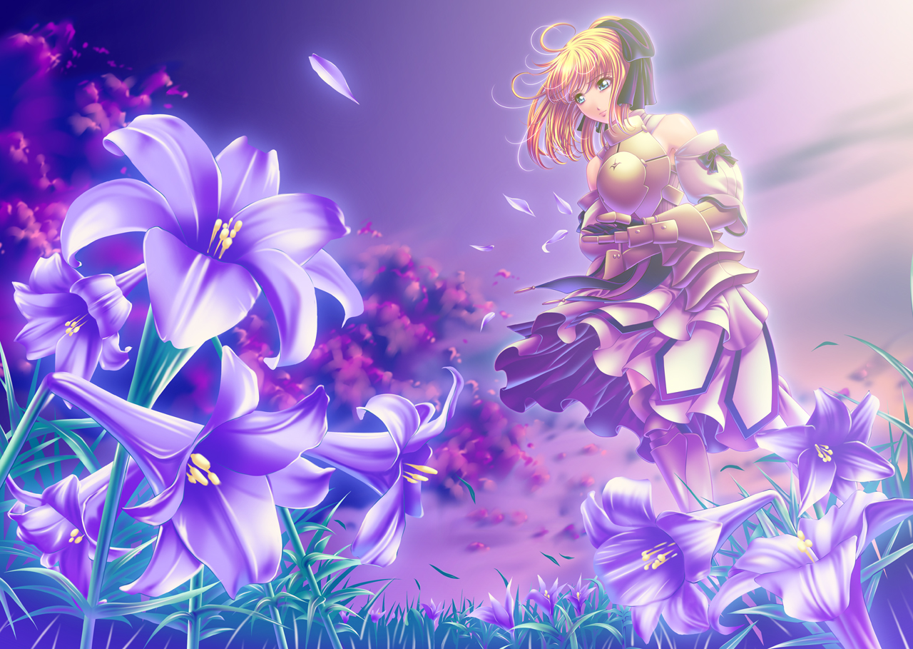 motchiy, artoria pendragon (fate), saber (fate), saber lily, capcom, fate/stay night, fate/unlimited codes, fate (series), type-moon, 00s, 1girl, armor, armored dress, blonde hair, detached sleeves, dress, female focus, flower, gauntlets, green eyes, hair ribbon, ribbon, solo