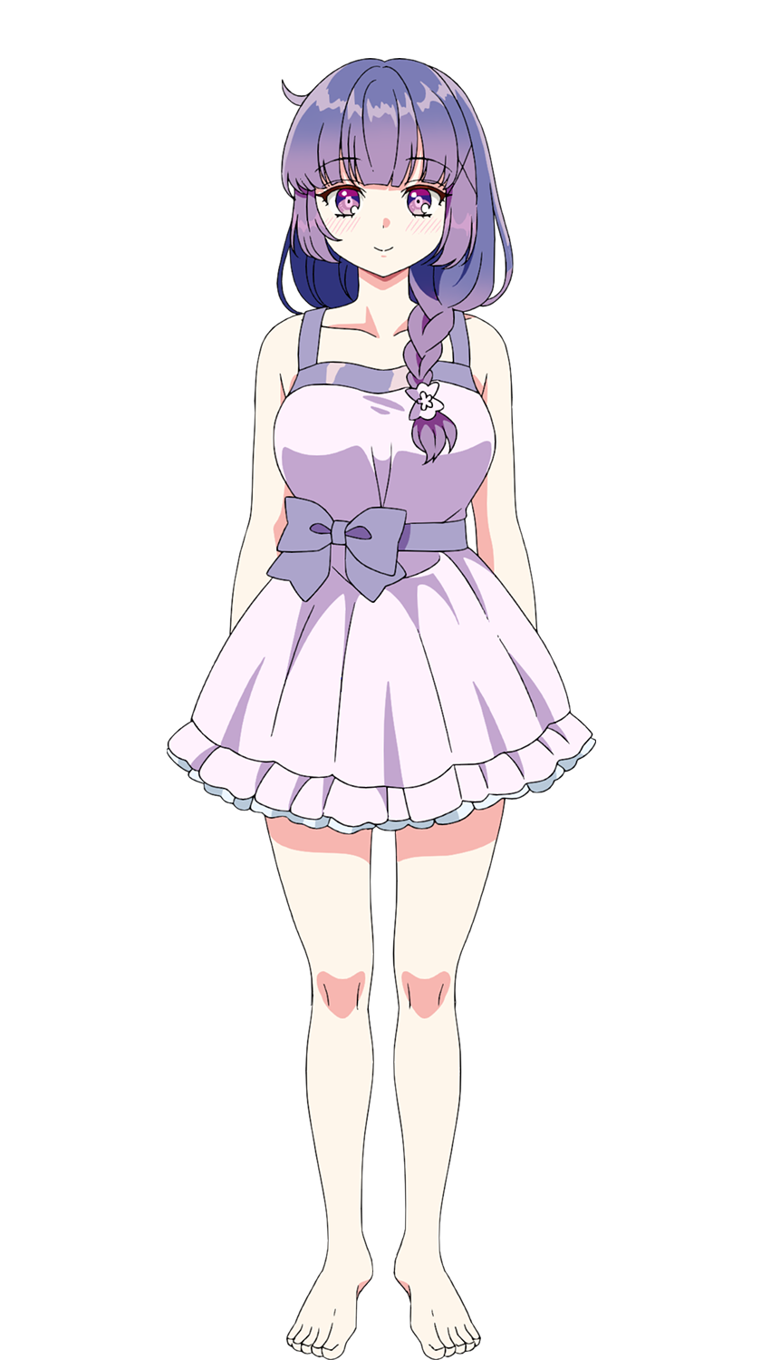 nadeshiko (android wa keiken ninzuu ni hairimasu ka??), android wa keiken ninzuu ni hairimasu ka??, commentary request, highres, official art, 1girl, :d, ^ ^, anime coloring, arms behind back, bare shoulders, barefoot, bow, braid, breasts, closed eyes, collarbone, dress, facing viewer, hair over shoulder, large breasts, long hair, looking at viewer, open mouth, purple eyes, purple hair, short dress, single braid, skirt, sleeveless, sleeveless dress, smile, standing, transparent background, waist bow, white background, white dress