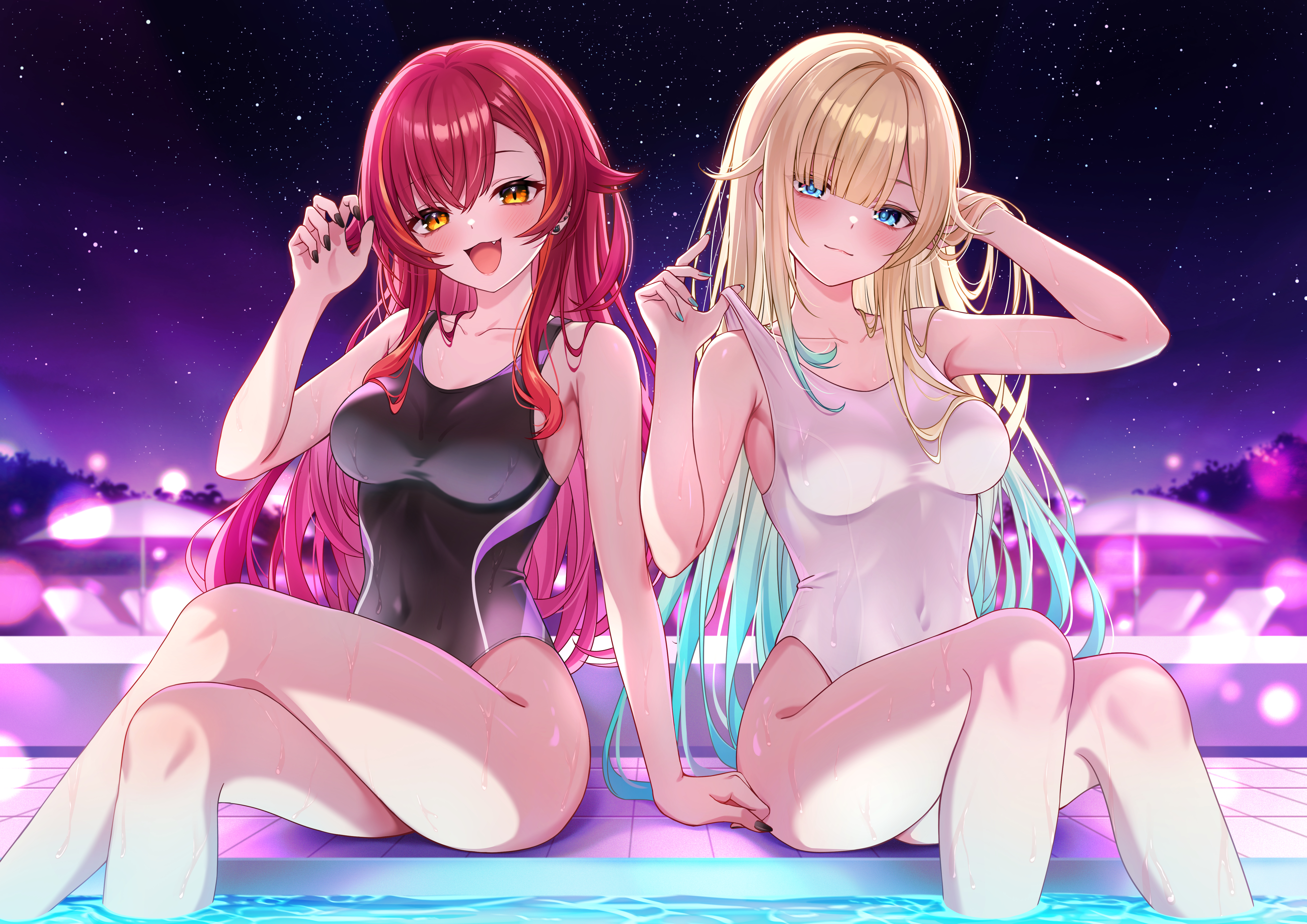 aizawa ema, nekota tsuna, vspo!, absurdres, highres, 2girls, :3, alternate costume, armpit crease, bare shoulders, black nails, blonde hair, blue eyes, blue nails, collarbone, competition swimsuit, covered navel, crossed legs, curled fingers, fang, gradient hair, long hair, looking at viewer, multicolored hair, multiple girls, night, one-piece swimsuit, open mouth, orange eyes, parted bangs, partially submerged, pool, red hair, sasamisable, sitting, swimsuit, virtual youtuber