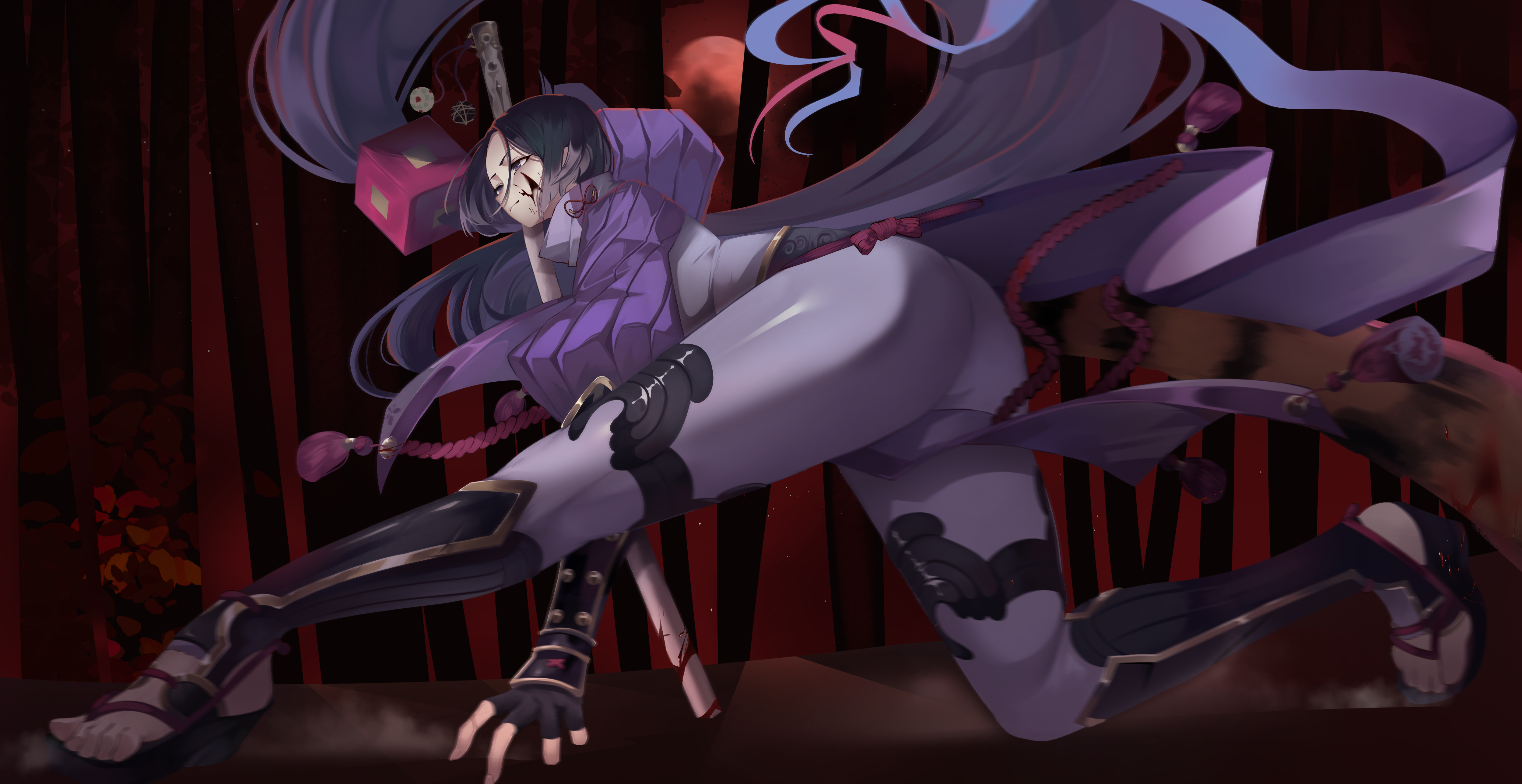 slob slime, minamoto no raikou (fate), minamoto no raikou (first ascension) (fate), fate/grand order, fate (series), absurdres, highres, 1girl, arm guards, blood, blood on clothes, blood on face, bodysuit, breasts, holding, holding sword, holding weapon, huge breasts, katana, long hair, looking at viewer, purple eyes, purple hair, rope, simple background, solo, sword, very long hair, weapon
