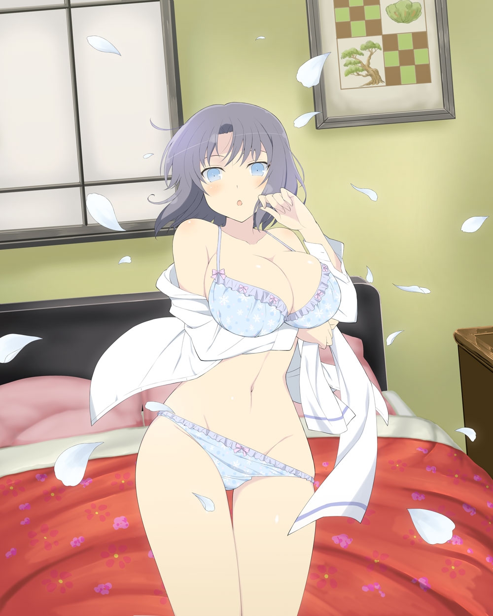 yumi (senran kagura), senran kagura, senran kagura new wave, senran kagura shinovi versus, pink pillow, highres, official art, 1girl, :o, bare shoulders, bed, blue bra, blue eyes, blue panties, blush, body blush, bow, bow bra, bow panties, bra, breasts, cleavage, collarbone, falling petals, floral print, frilled bra, frilled panties, frills, grey hair, groin, holding, indoors, large breasts, linea alba, looking at viewer, navel, nightstand, open clothes, open mouth, open shirt, painting (object), panties, panty pull, petals, picture frame, shiny skin, shirt, short hair, solo, striped bow, underwear, unworn bow, white bow, white shirt