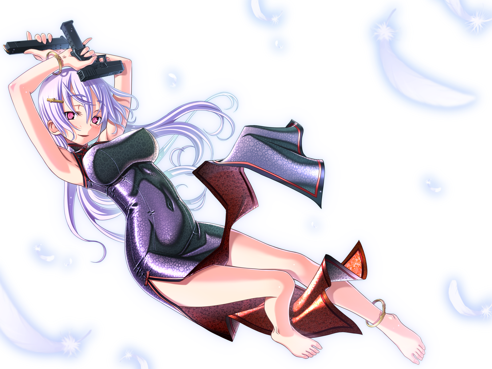 sakuya tsuitachi, original, highres, revision, 1girl, anklet, armpits, barefoot, bracelet, breasts, china dress, chinese clothes, dress, extended magazine, feathers, feet, female focus, flower, glock, gun, handgun, holding, holding gun, holding weapon, jewelry, large breasts, long hair, magazine (weapon), pink eyes, pistol, purple hair, semi-automatic pistol, skin tight, solo, trigger discipline, weapon