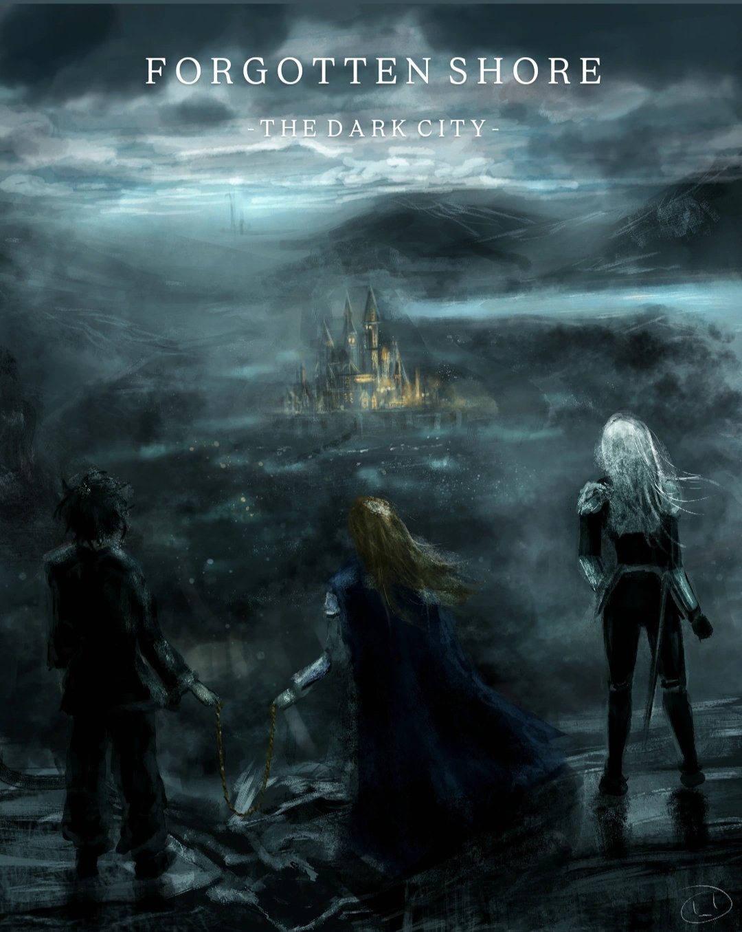 cassie (shadow slave), nephis (shadow slave), sunny (shadow slave), shadow slave, highres, 1boy, 2girls, armor, artskiddy69, black hair, blonde hair, blue cape, cape, caption, castle, english text, fog, from behind, full body, holding, holding rope, long hair, mountainous horizon, multiple girls, rope, short hair, shoulder armor, standing, white hair