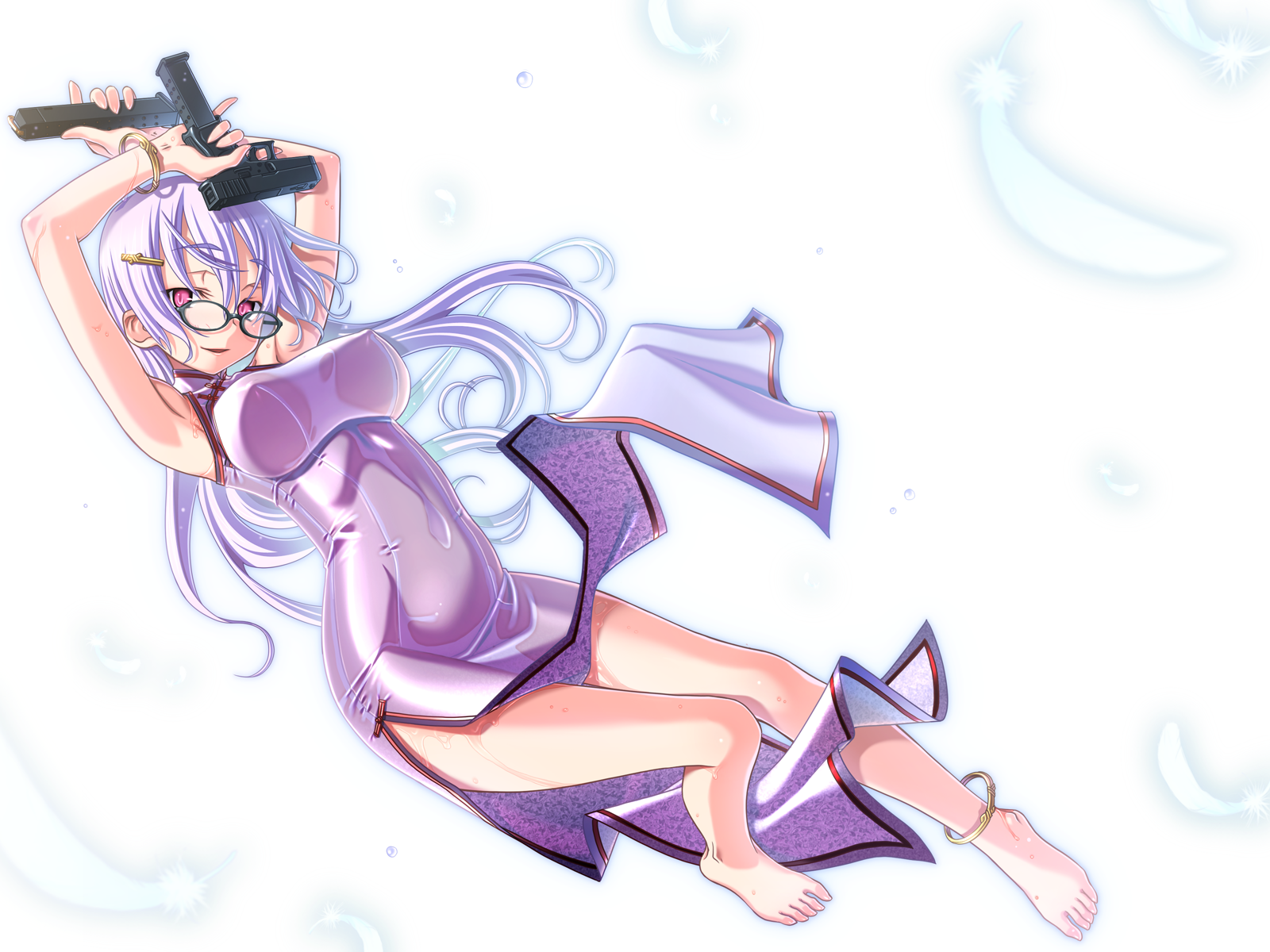 sakuya tsuitachi, original, highres, 1girl, anklet, barefoot, bracelet, china dress, chinese clothes, dress, extended magazine, feathers, feet, female focus, glasses, glock, gun, handgun, jewelry, long hair, magazine (weapon), pink eyes, pistol, purple hair, semi-automatic pistol, skin tight, solo, weapon