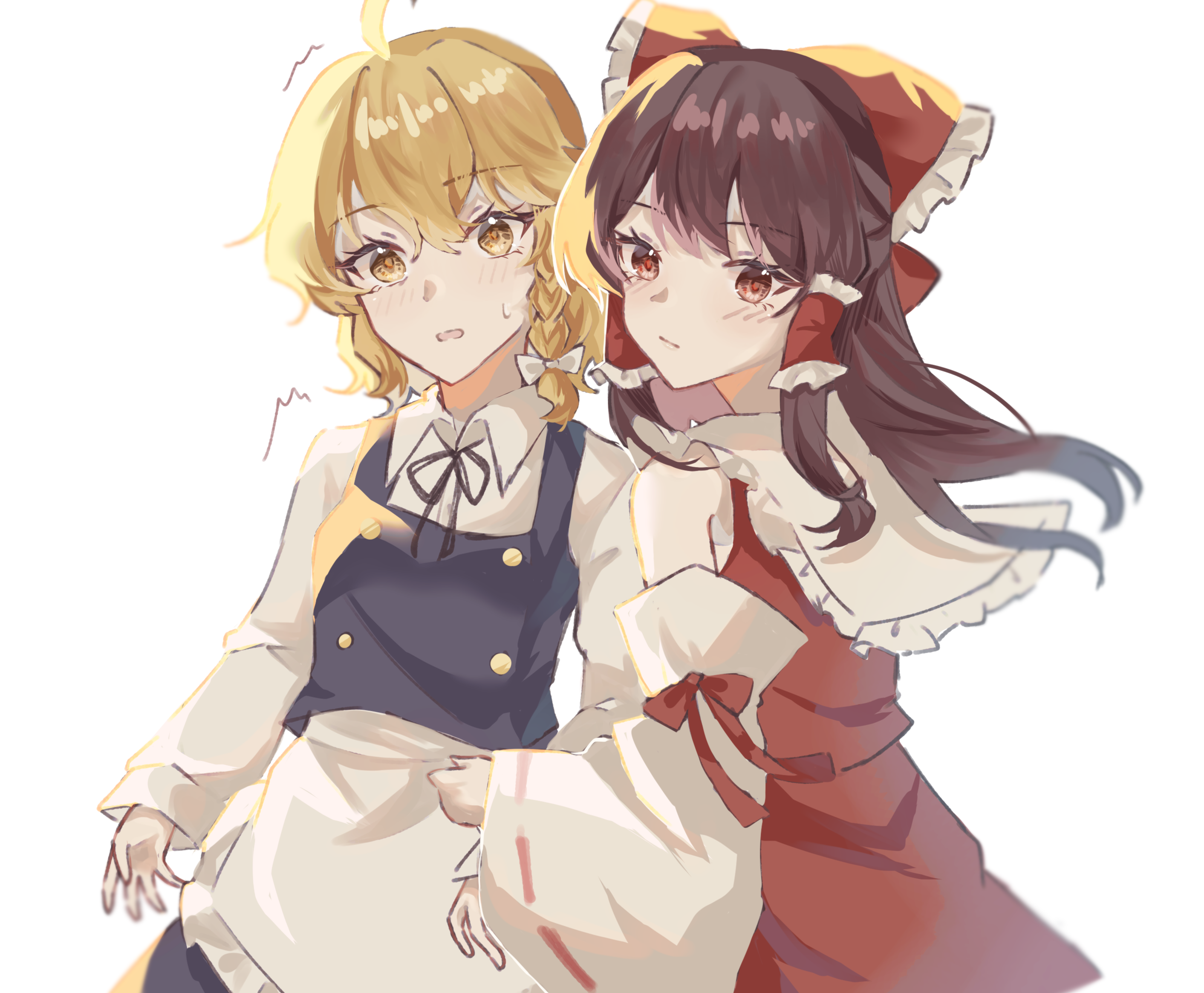 carin (c arin1012), hakurei reimu, kirisame marisa, touhou, highres, 2girls, ahoge, apron, black vest, blonde hair, blush, bow, braid, brown eyes, brown hair, closed mouth, collared shirt, detached sleeves, frilled bow, frilled hair tubes, frills, hair bow, hair tubes, long hair, long sleeves, multiple girls, neck ribbon, no headwear, open mouth, red bow, red skirt, ribbon, ribbon-trimmed sleeves, ribbon trim, shirt, side braid, single braid, skirt, skirt set, sweatdrop, vest, waist apron, white apron, white bow, white shirt