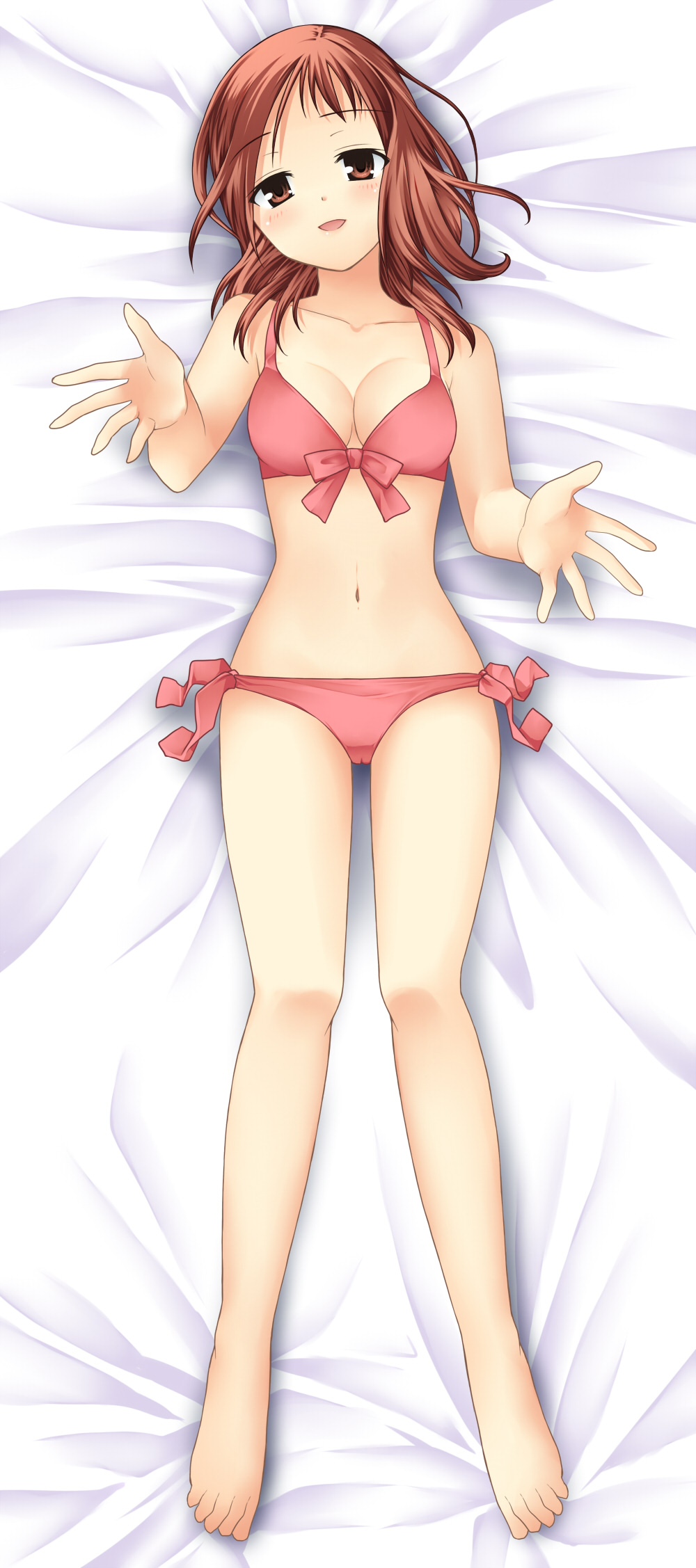467 (artist), takei hisa, saki (manga), bad id, bad pixiv id, highres, 00s, 1girl, barefoot, bikini, blush, breasts, brown eyes, brown hair, cameltoe, cleavage, dakimakura (medium), feet, female focus, from above, front-tie top, full body, navel, outstretched hand, reaching, side-tie bikini bottom, small breasts, smile, solo, swimsuit