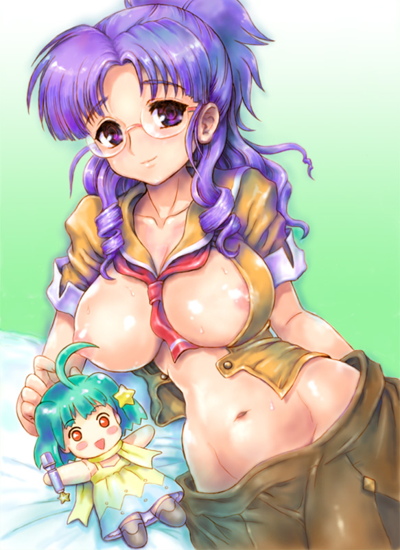kureyon, matsuura nanase, ranka lee, macross, macross frontier, 00s, 1girl, bed, breasts, cameo, character doll, curvy, doll, female focus, glasses, groin, large breasts, looking at viewer, lying, narrow waist, navel, nipples, no panties, smile, solo