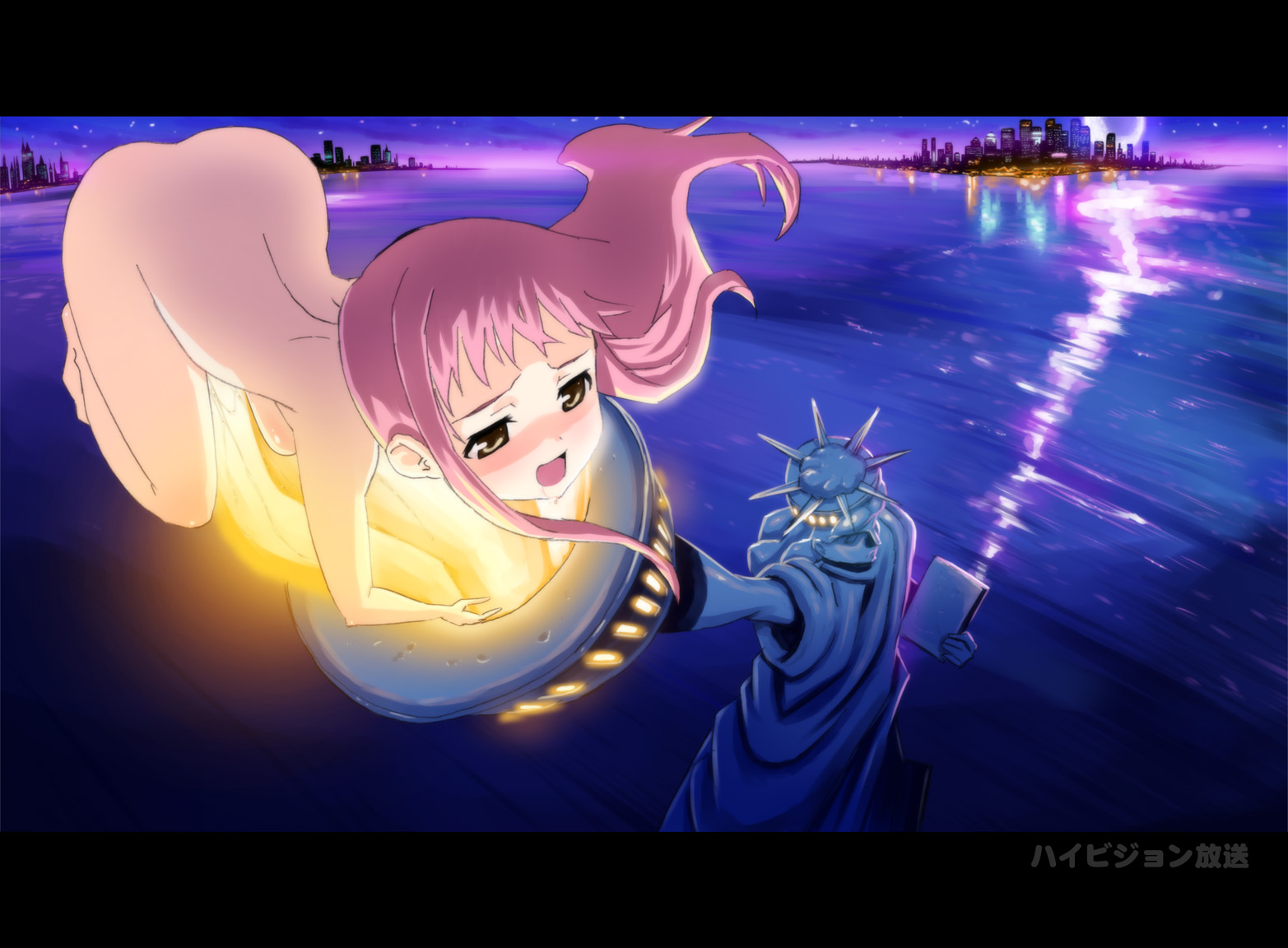 wadapen, statue of liberty, wadapen's pink haired girl, original, 1girl, arched back, back, barefoot, blush, breasts, brown eyes, building sex, city, crotch rub, dangerous, feet, female focus, female masturbation, fisheye, foreshortening, giant, giantess, glowing, letterboxed, long hair, masturbation, moon, new york city, night, night sky, nude, outdoors, peril, pink hair, public indecency, pussy juice, reflection, sky, solo, star (sky), starry sky, statue, water, what, zenra