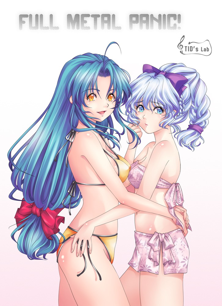 tidsean, chidori kaname, teletha testarossa, full metal panic!, bad id, bad pixiv id, 00s, 2girls, bandeau, bikini, blue eyes, blue hair, bow, copyright name, hair bow, long hair, low-tied long hair, multiple girls, pink sarong, sarong, side-tie bikini bottom, swimsuit, yellow bikini, yellow eyes
