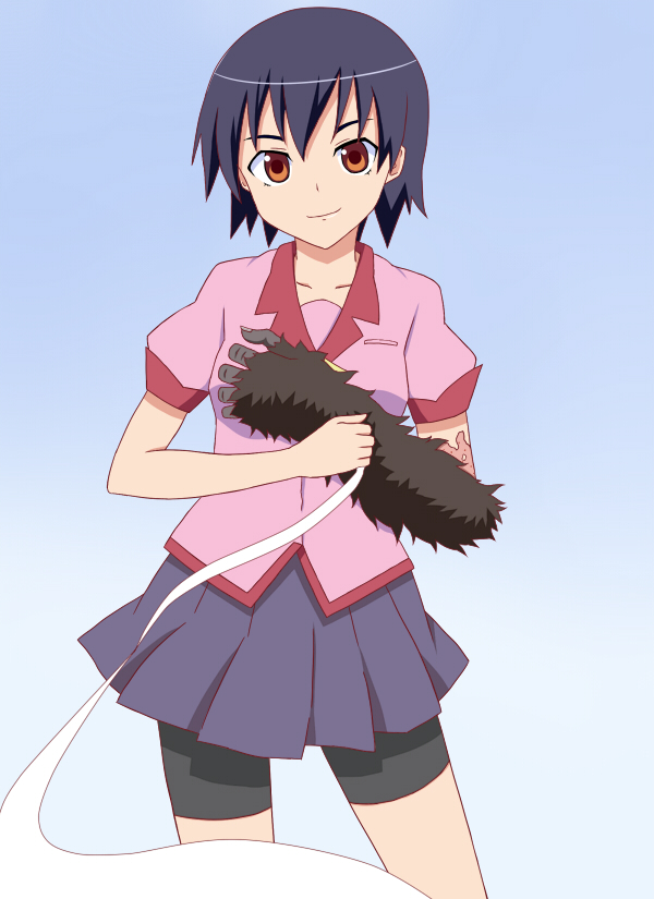 goro (reiremi), kanbaru suruga, bakemonogatari, monogatari (series), bad id, bad pixiv id, 00s, 1girl, bandages, bike shorts, blue hair, brown eyes, female focus, gradient background, looking at viewer, neck ribbon, pleated skirt, ribbon, school uniform, short hair, short sleeves, skirt, solo
